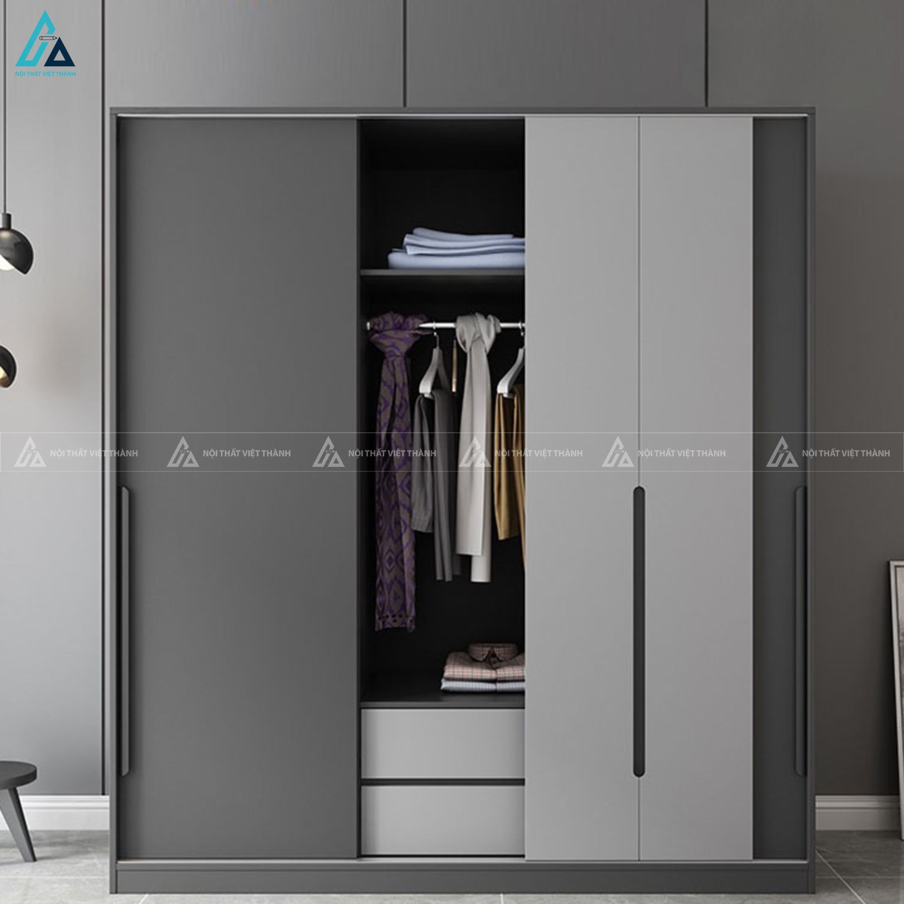 Tủ quần áo cửa lùa tông xám hiện đại thiết kế tối giản sang trọng