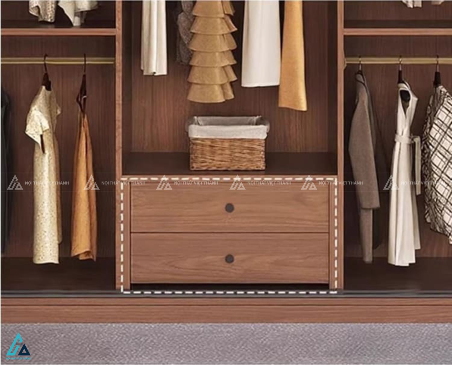 Tủ quần áo cửa lùa vân gỗ sang trọng kèm kệ trang trí mở 3