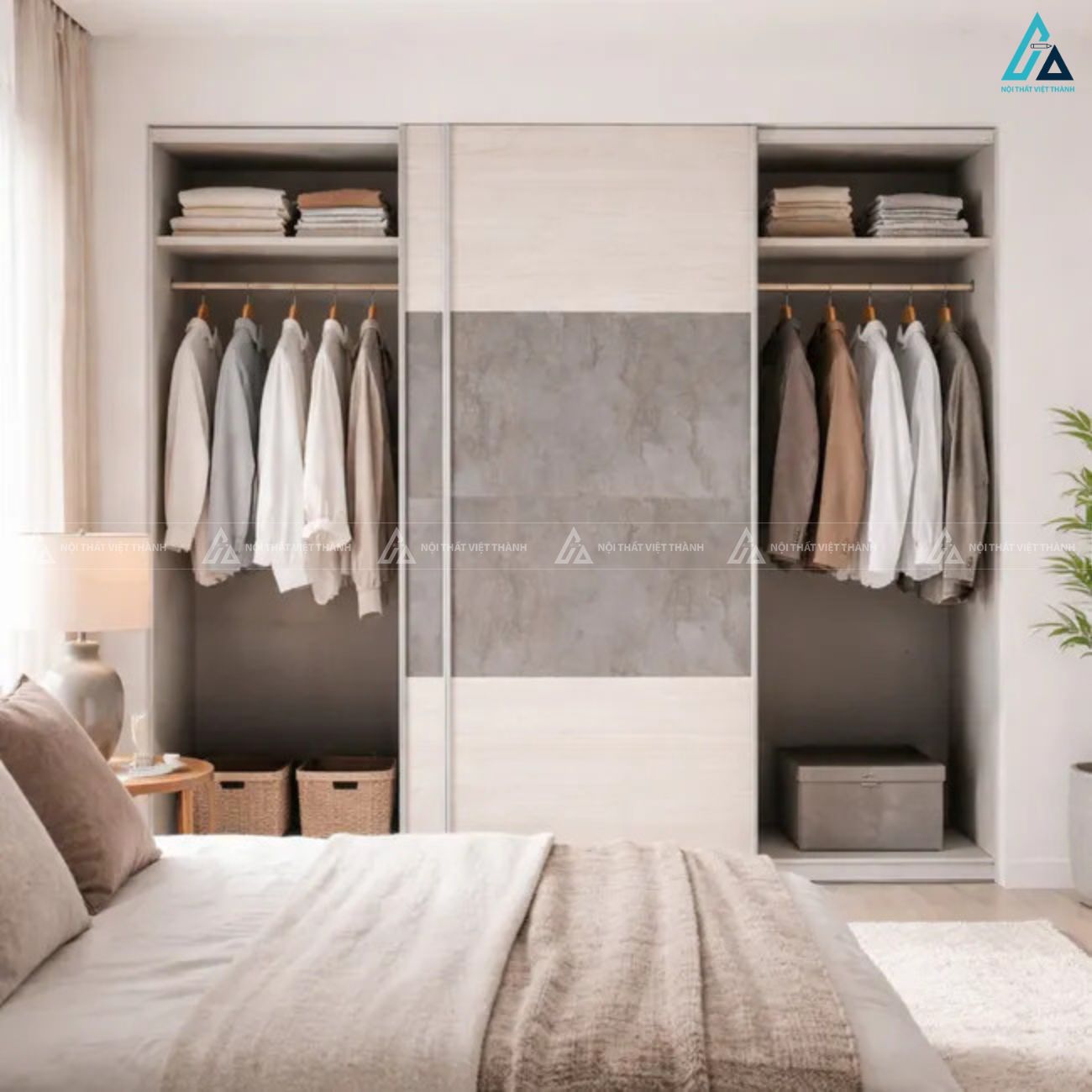 Tủ quần áo cửa lùa phối vân gỗ và họa tiết đá sang trọng 5