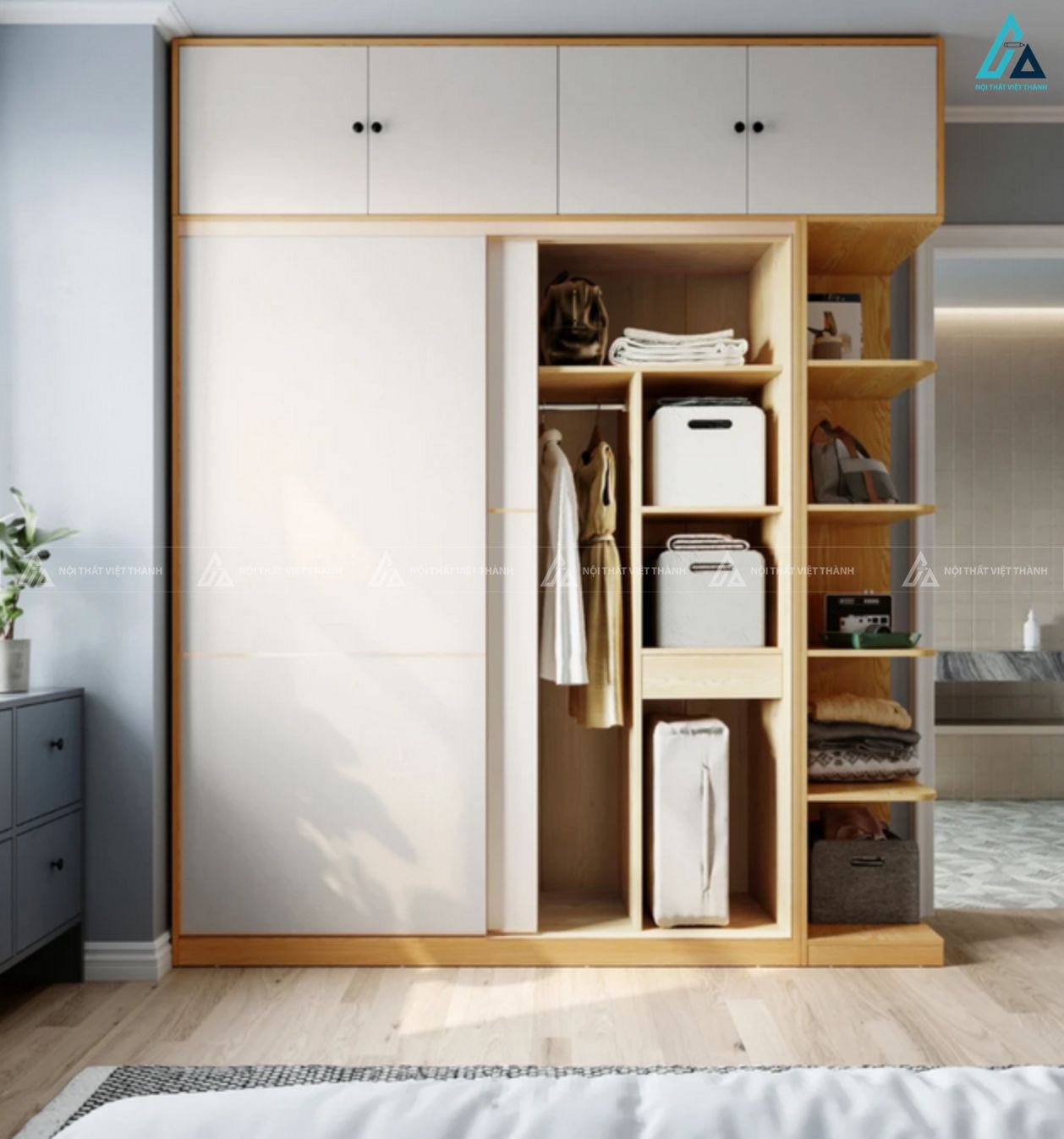 Mẫu tủ quần áo cửa lùa màu trắng kịch trần cao cấp phối kệ mở