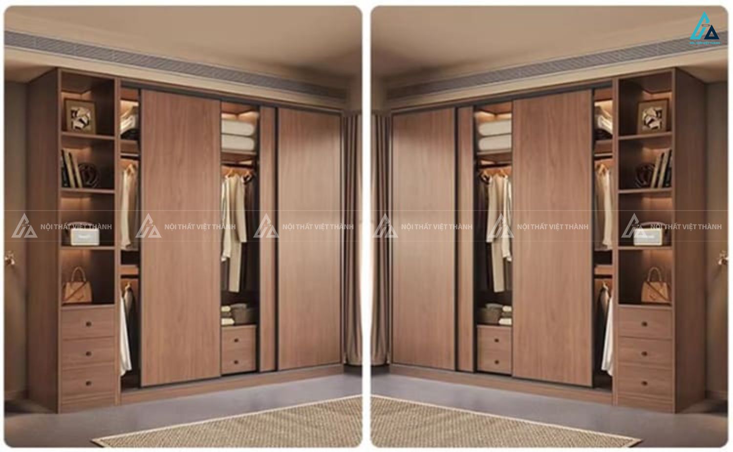 Tủ quần áo cửa lùa vân gỗ sang trọng kèm kệ trang trí mở 4