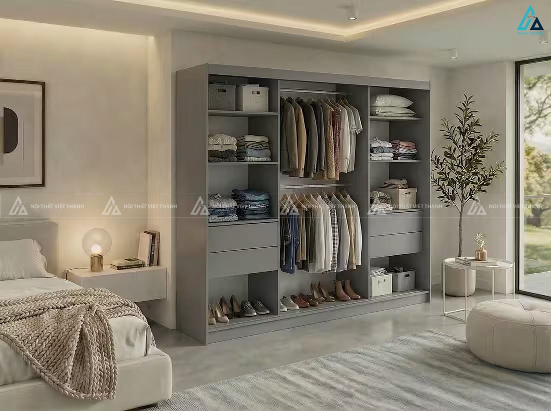 Tủ quần áo gỗ MDF cửa lùa màu xám trung tính kiểu dáng tối giản
