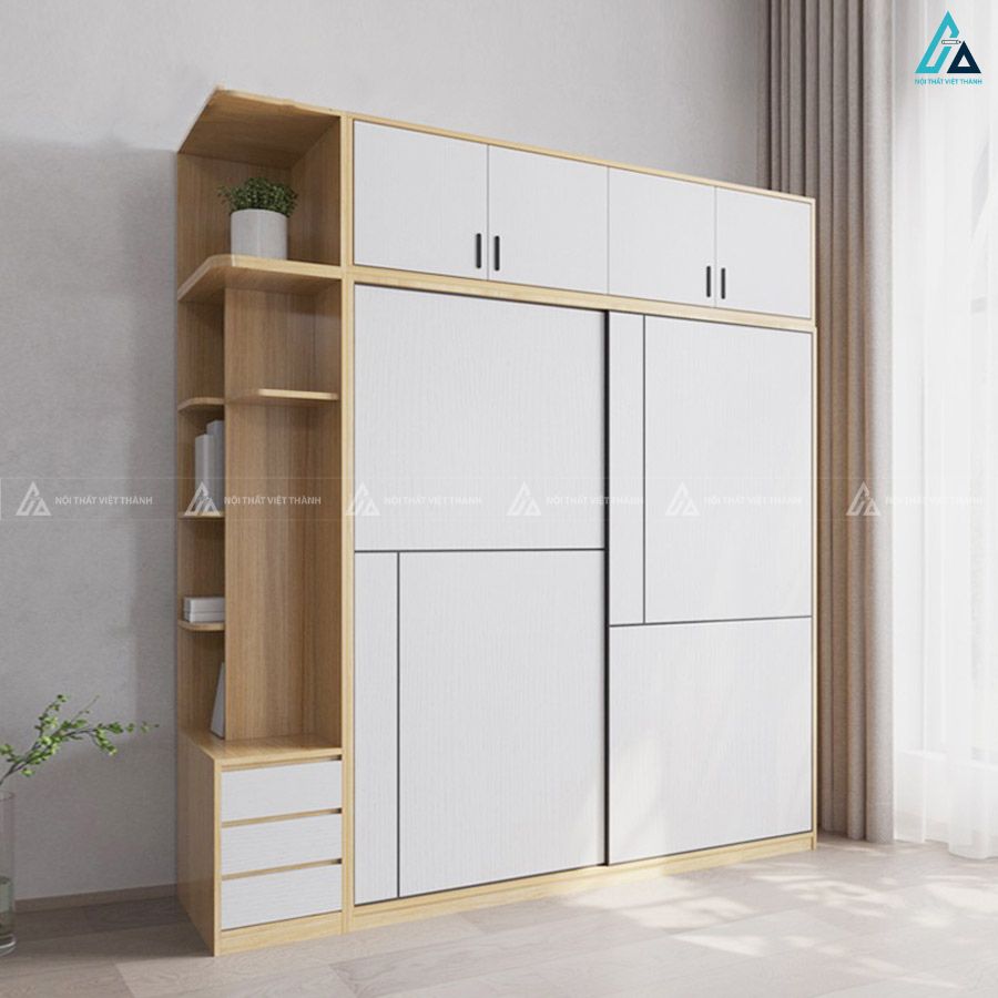 Tủ quần áo cửa lùa phối trắng tích hợp kệ trang trí đa năng