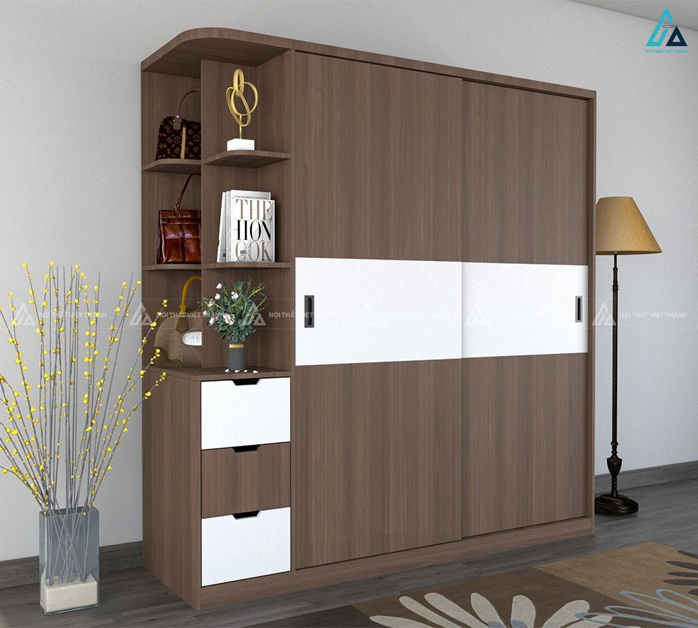 Mẫu tủ quần áo cửa lùa có kệ trang trí và ngăn kéo thông minh 2