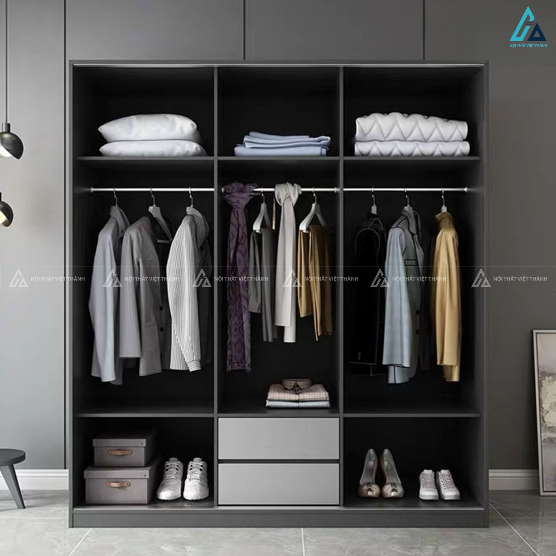 Tủ quần áo cửa lùa tông xám hiện đại thiết kế tối giản sang trọng 2