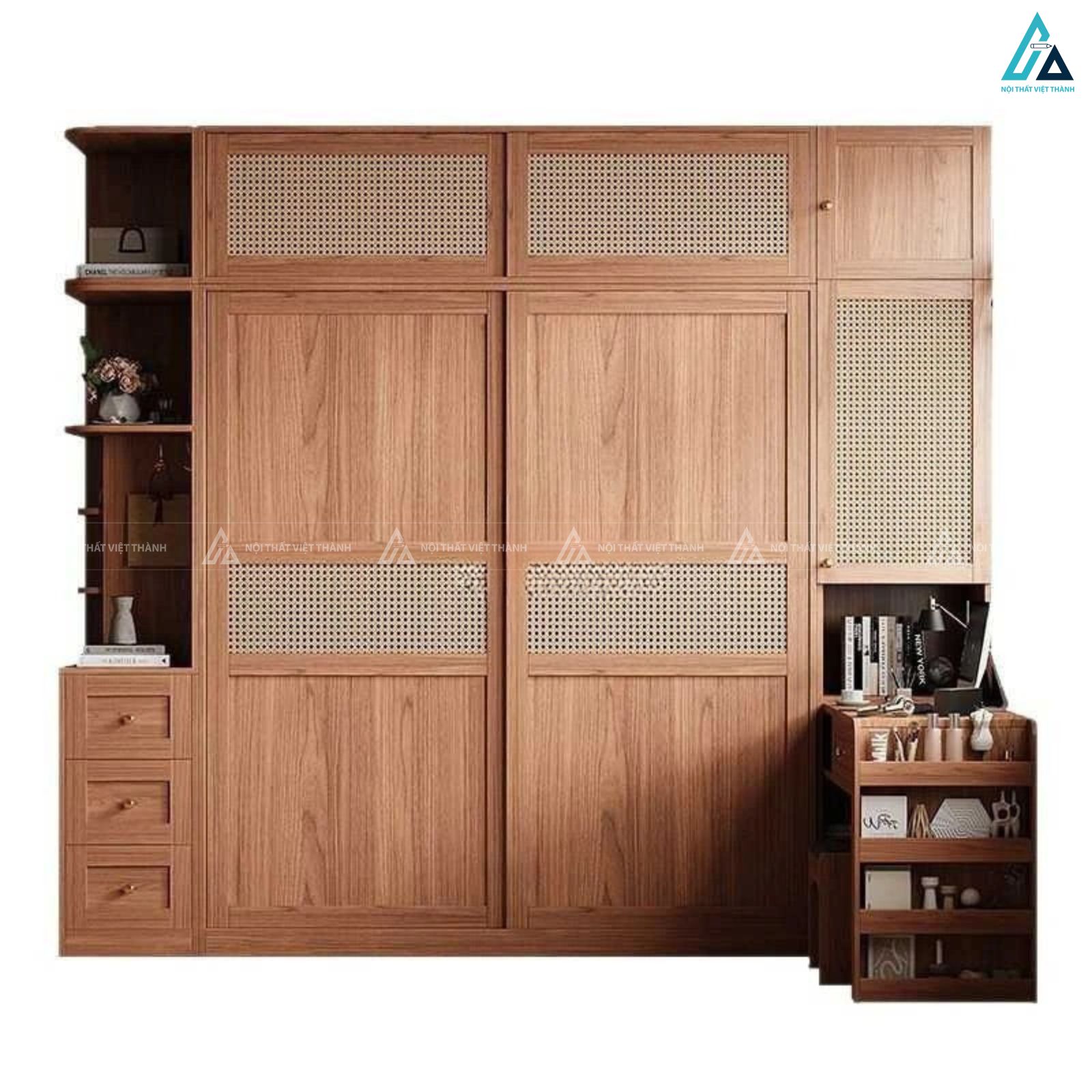 Hệ tủ quần áo gỗ công nghiệp cửa lùa phối mây tre đan bền đẹp 3