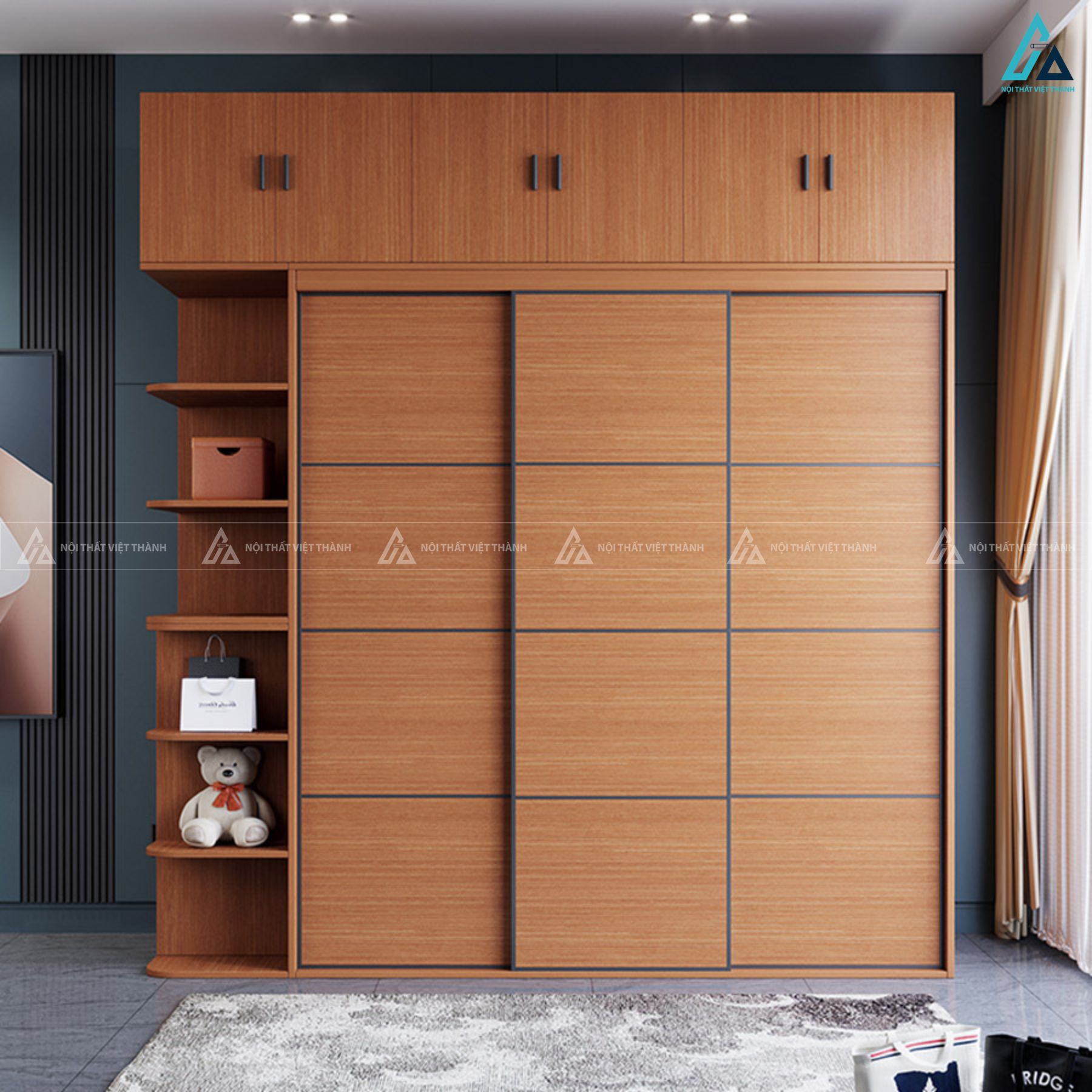 Tủ quần áo gỗ tự nhiên kịch trần cửa lùa tích hợp kệ trang trí 1