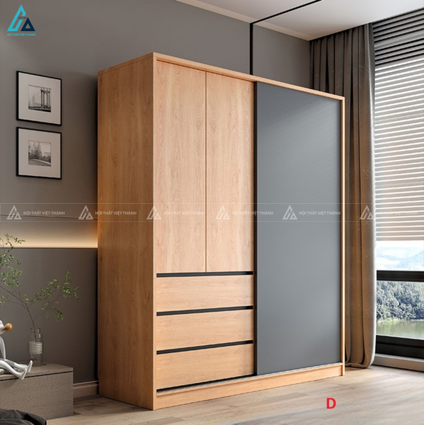 Hệ tủ quần áo cửa lùa đa năng tích hợp gương và kệ trưng bày 3