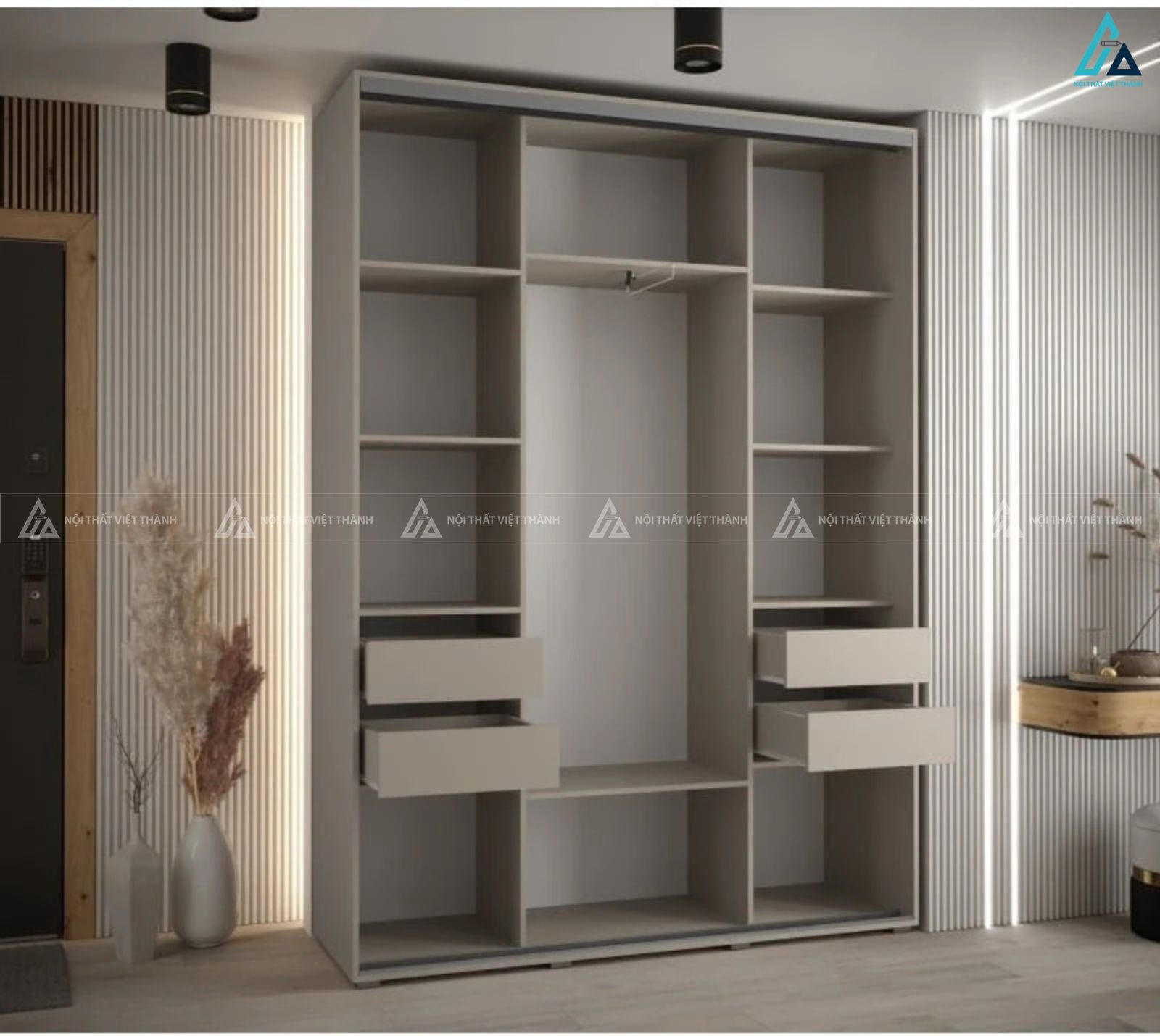 Tủ quần áo cửa lùa màu kem phối viền vàng sang trọng đẳng cấp 1