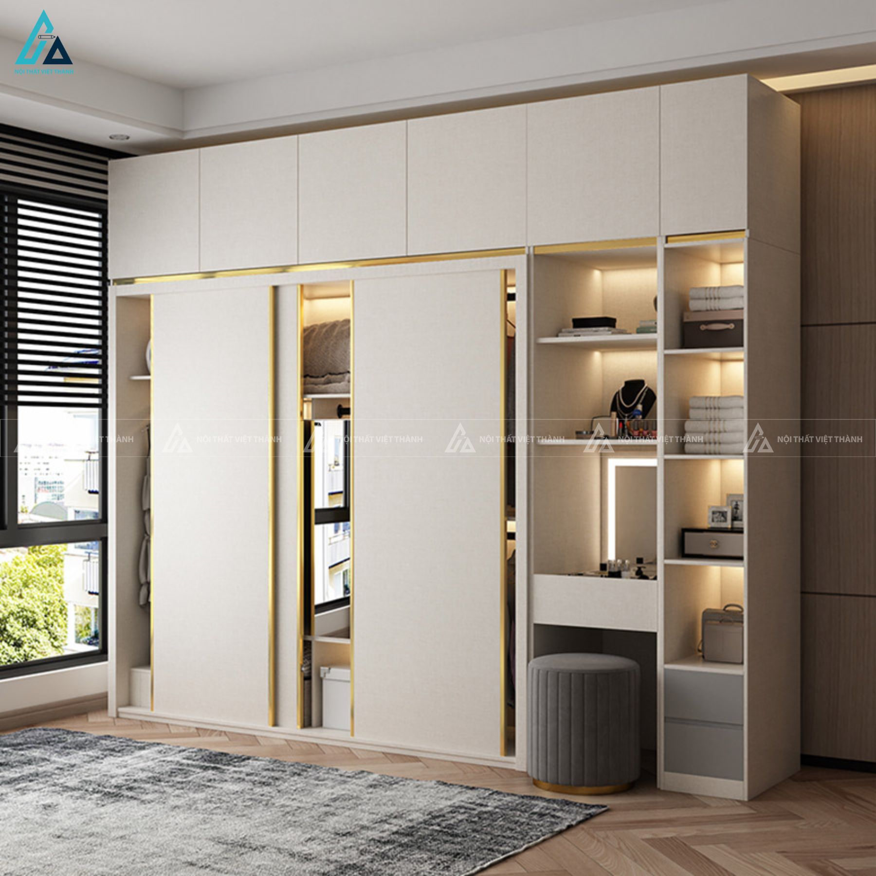 Tủ quần áo kịch trần cửa lùa kết hợp bàn trang điểm thông minh