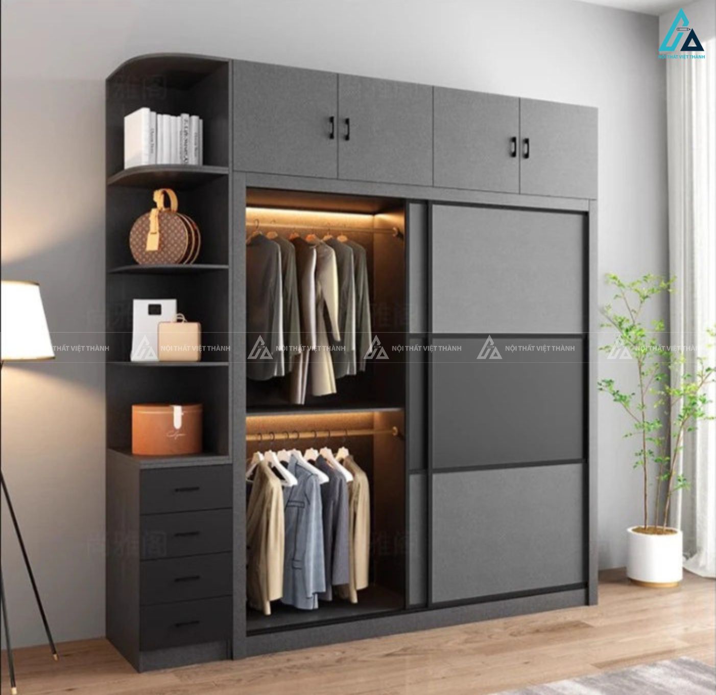 Tủ quần áo cửa lùa màu xám phối kệ trang trí đa năng tinh tế