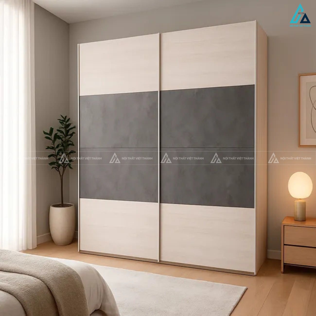Tủ quần áo cửa lùa phối vân gỗ và họa tiết đá sang trọng 2