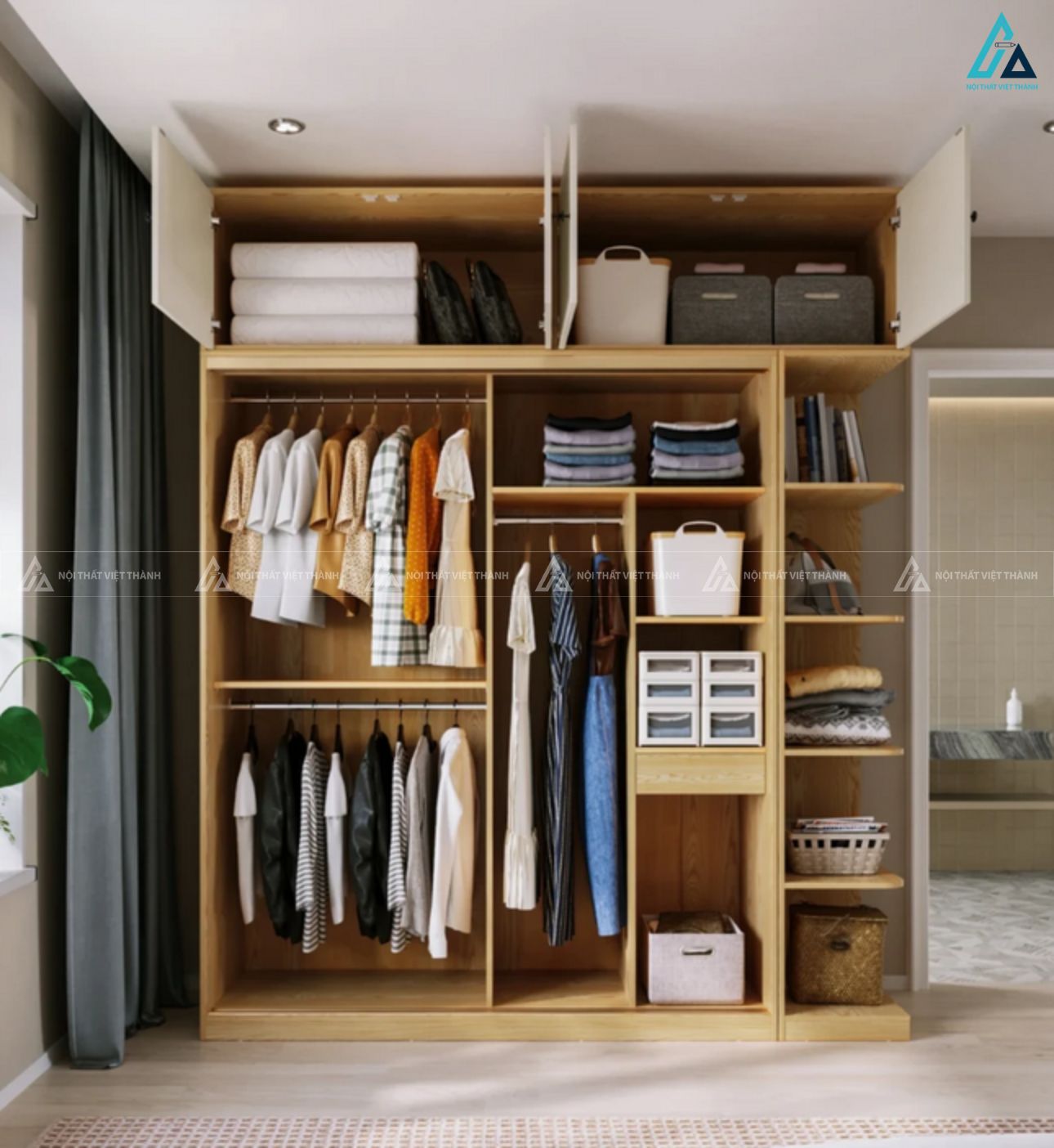 Mẫu tủ quần áo cửa lùa màu trắng kịch trần cao cấp phối kệ mở 2