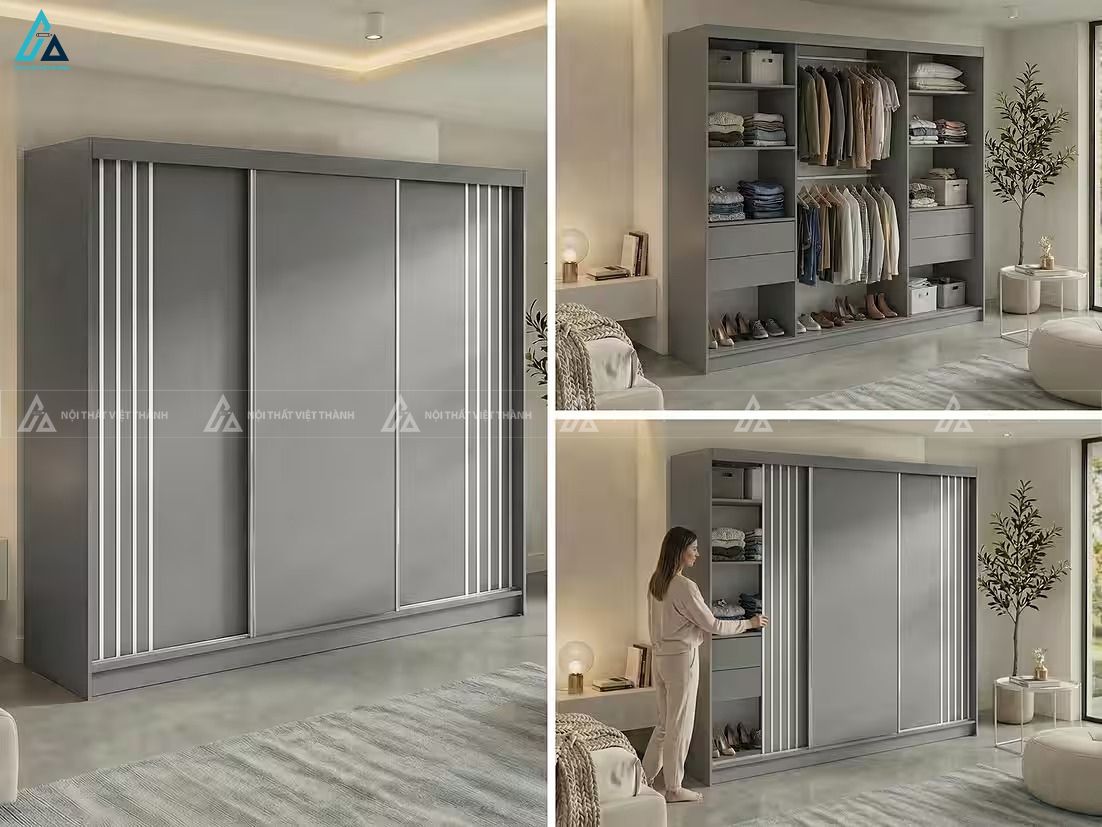 Tủ quần áo gỗ MDF cửa lùa màu xám trung tính kiểu dáng tối giản 2