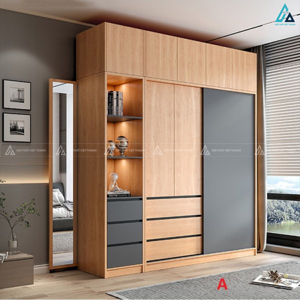 Hệ tủ quần áo cửa lùa đa năng tích hợp gương và kệ trưng bày