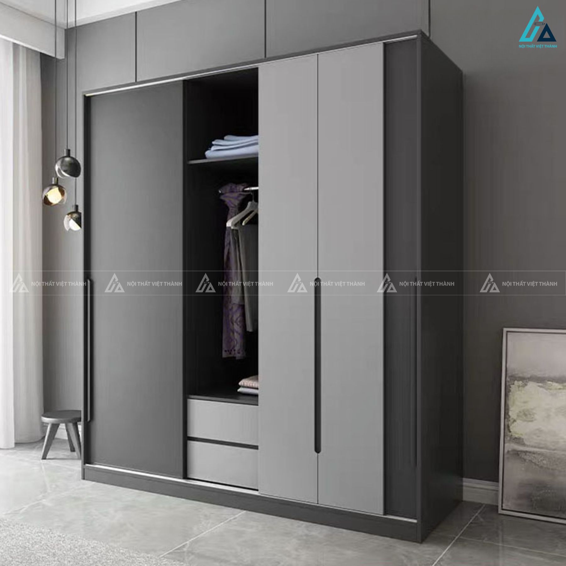 Tủ quần áo cửa lùa tông xám hiện đại thiết kế tối giản sang trọng 3