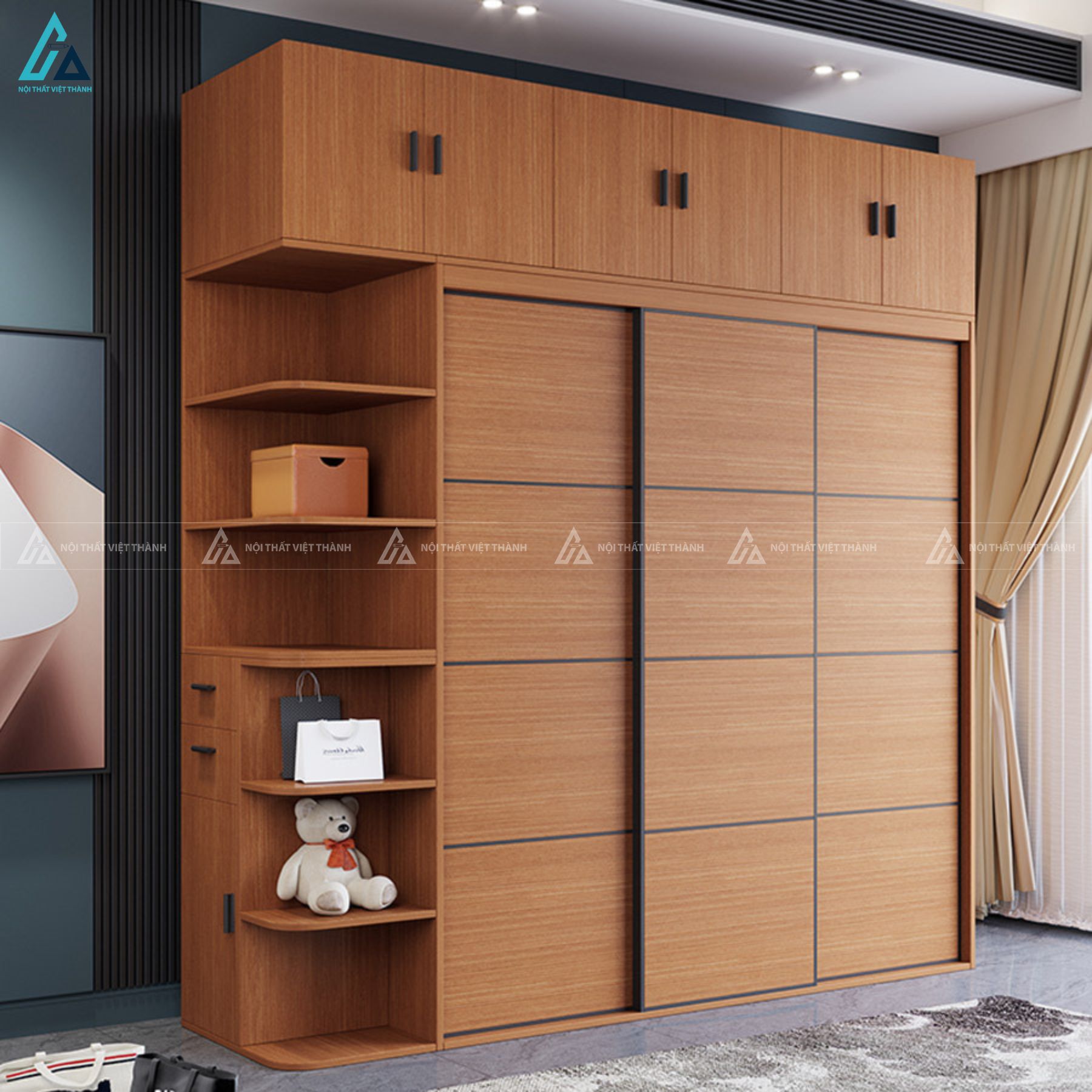 Tủ quần áo gỗ tự nhiên kịch trần cửa lùa tích hợp kệ trang trí