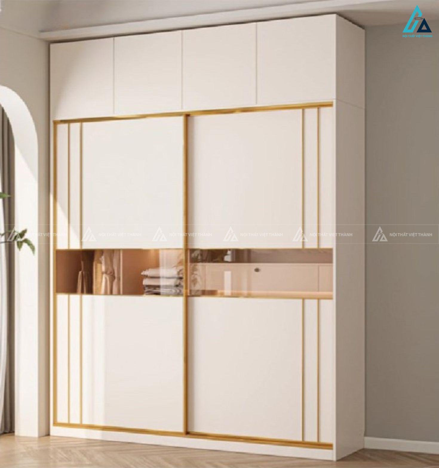 Tủ quần áo cửa lùa màu trắng thiết kế phẳng phối viền kim loại 1