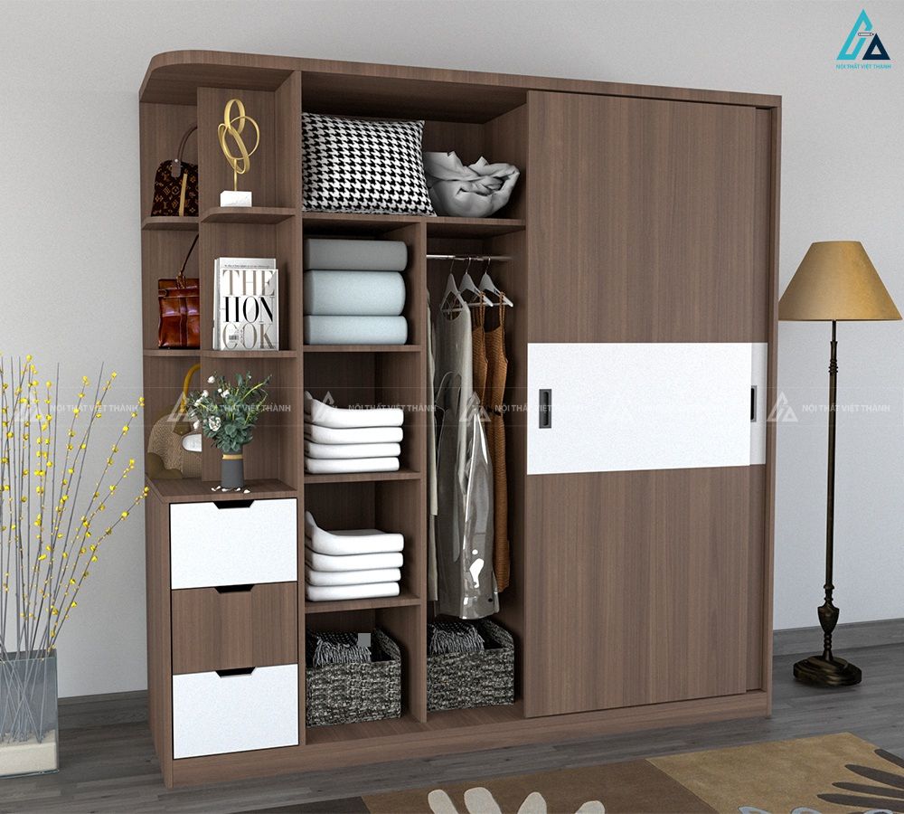 Mẫu tủ quần áo cửa lùa có kệ trang trí và ngăn kéo thông minh