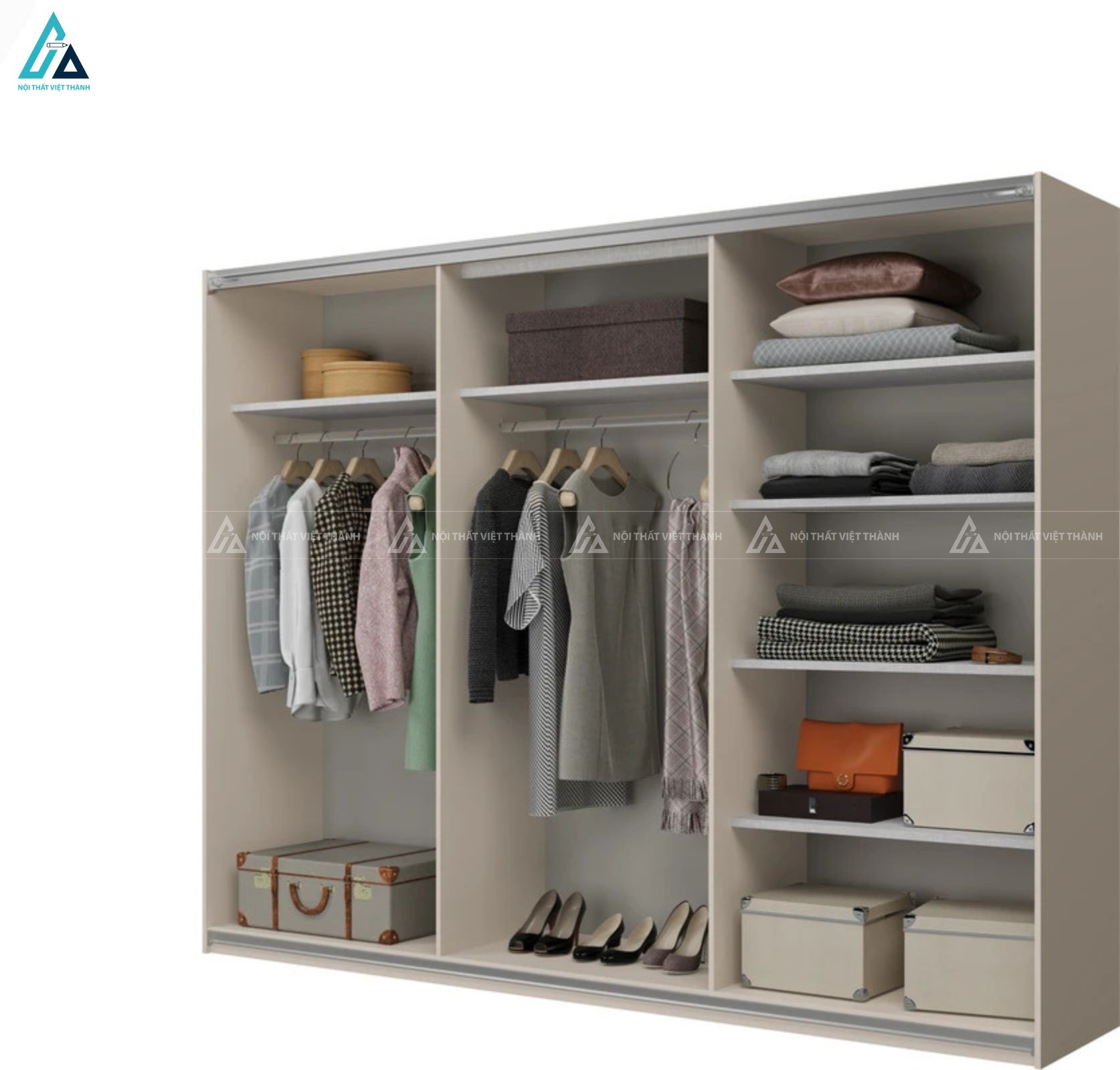Tủ quần áo cửa lùa màu kem phối kệ trang trí tiện lợi sang trọng 4