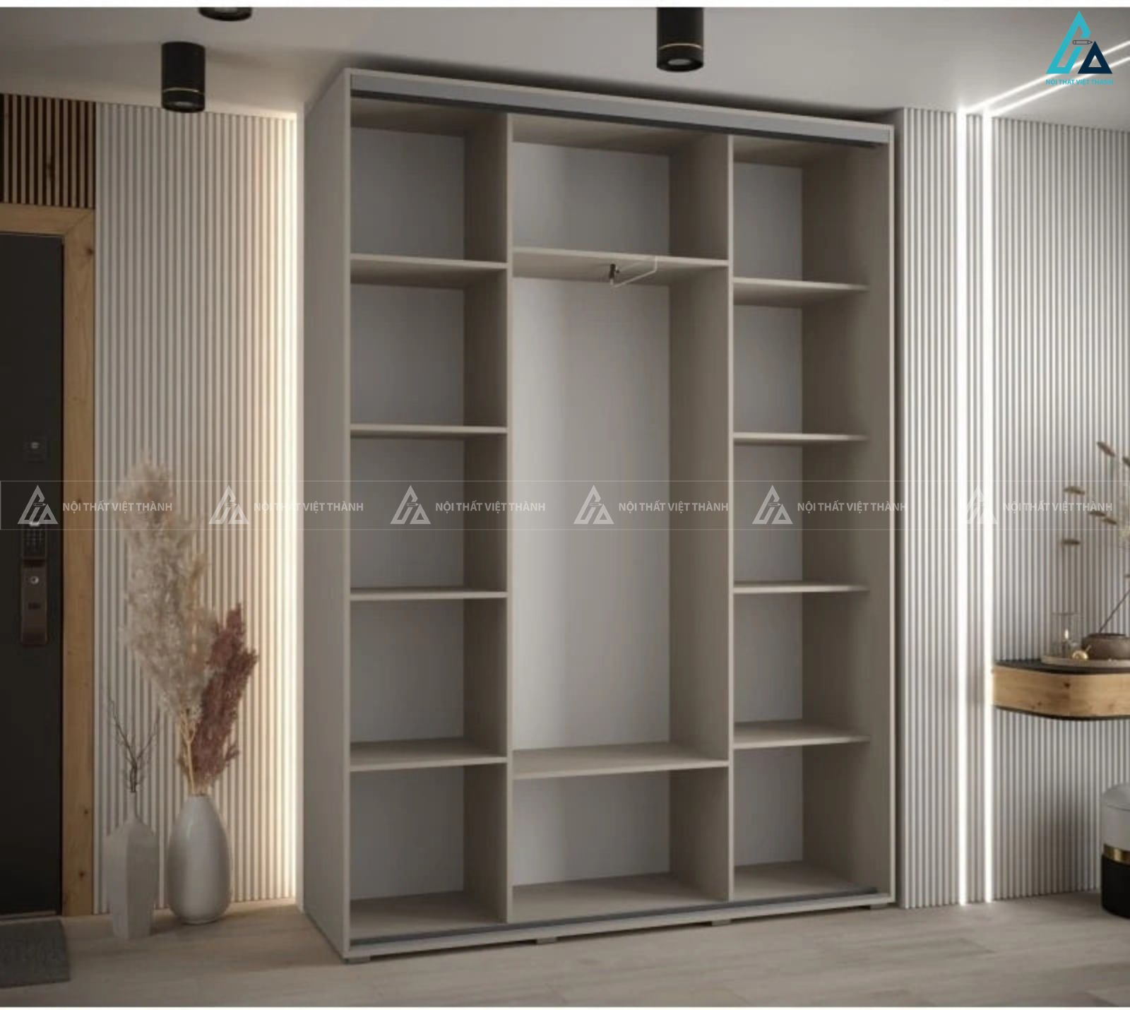 Tủ quần áo cửa lùa màu kem phối viền vàng sang trọng đẳng cấp 2