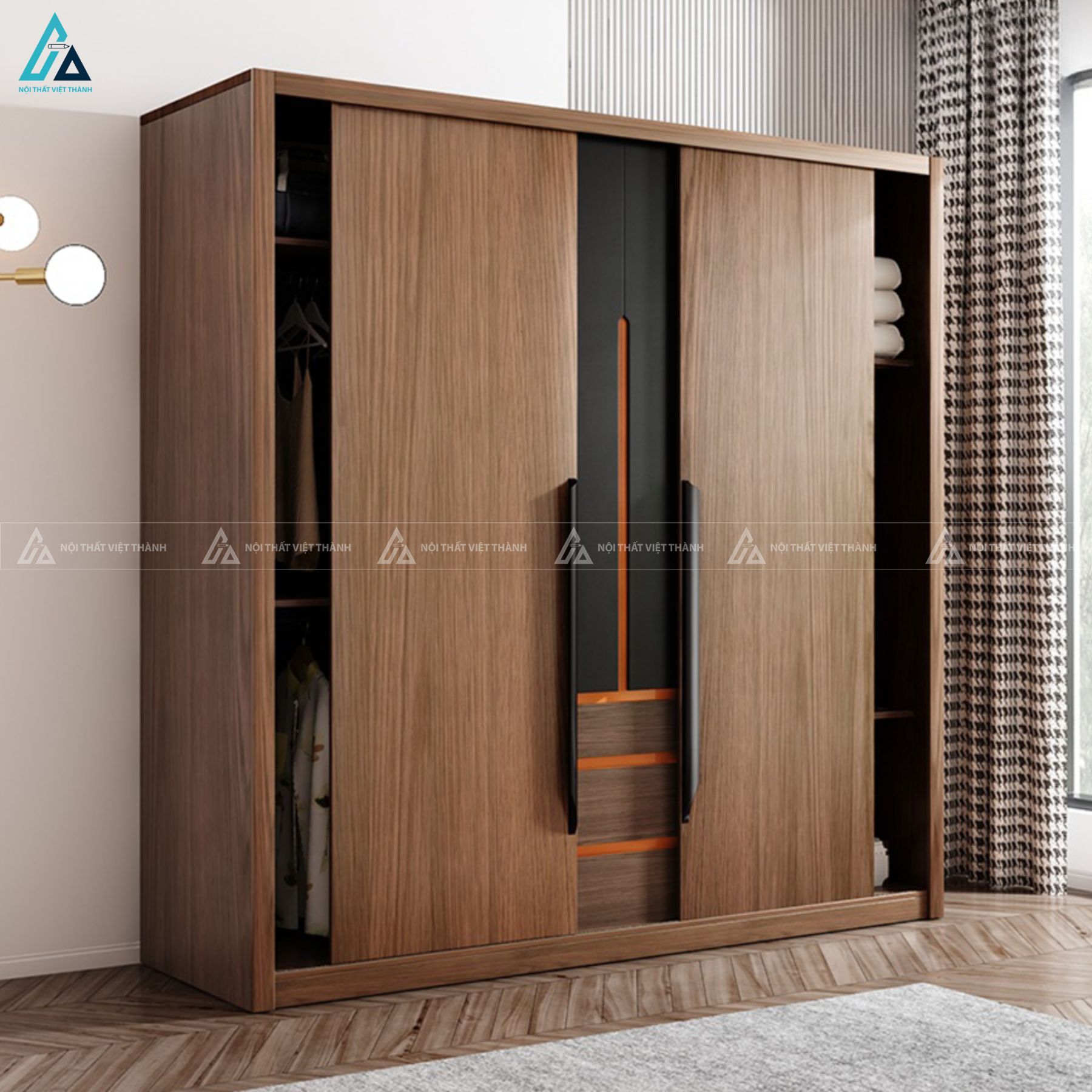Tủ quần áo gỗ công nghiệp cửa lùa phối chi tiết đen sang trọng