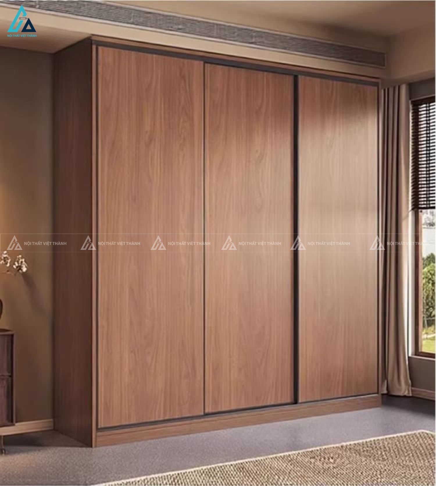 Tủ quần áo cửa lùa vân gỗ sang trọng kèm kệ trang trí mở 2