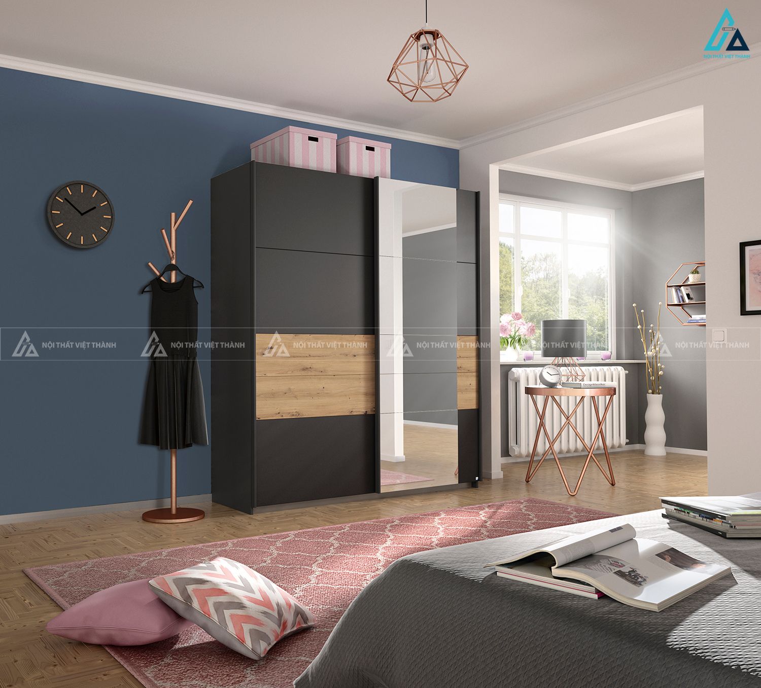 Tủ quần áo cửa lùa kết hợp gương soi và ngăn gỗ tinh tế