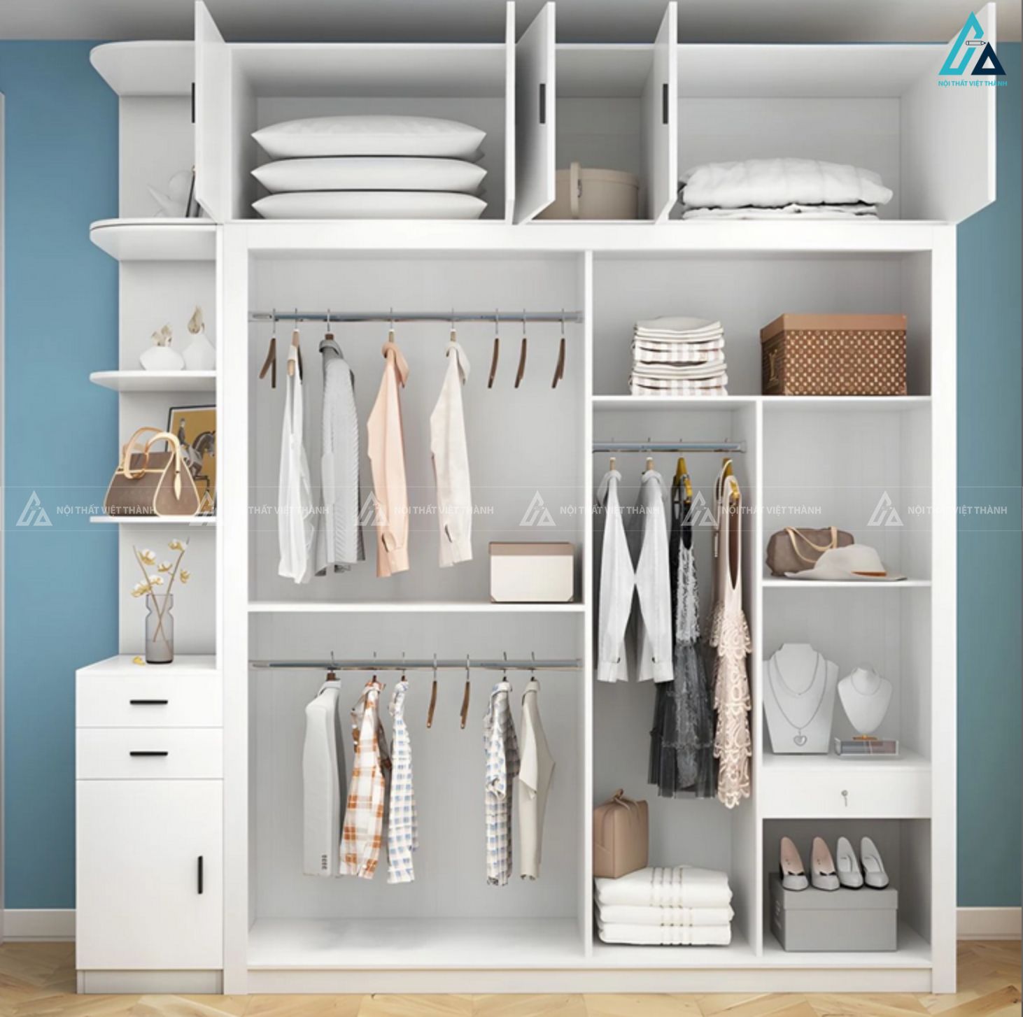 Tủ quần áo cửa lùa màu trắng cao cấp có kệ trưng bày tiện nghi 2