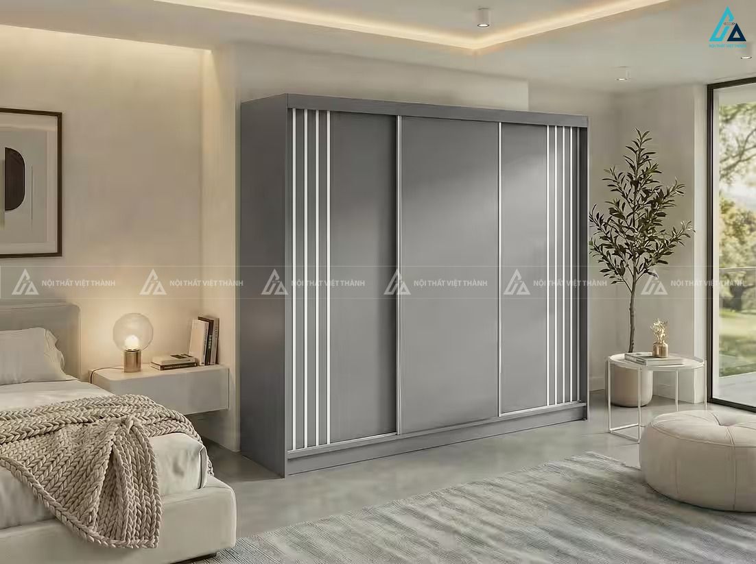 Tủ quần áo gỗ MDF cửa lùa màu xám trung tính kiểu dáng tối giản