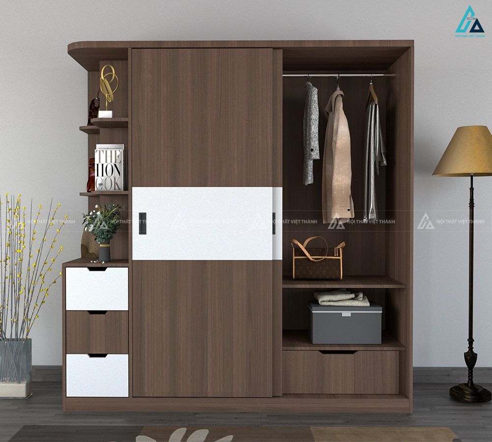 Mẫu tủ quần áo cửa lùa có kệ trang trí và ngăn kéo thông minh 1