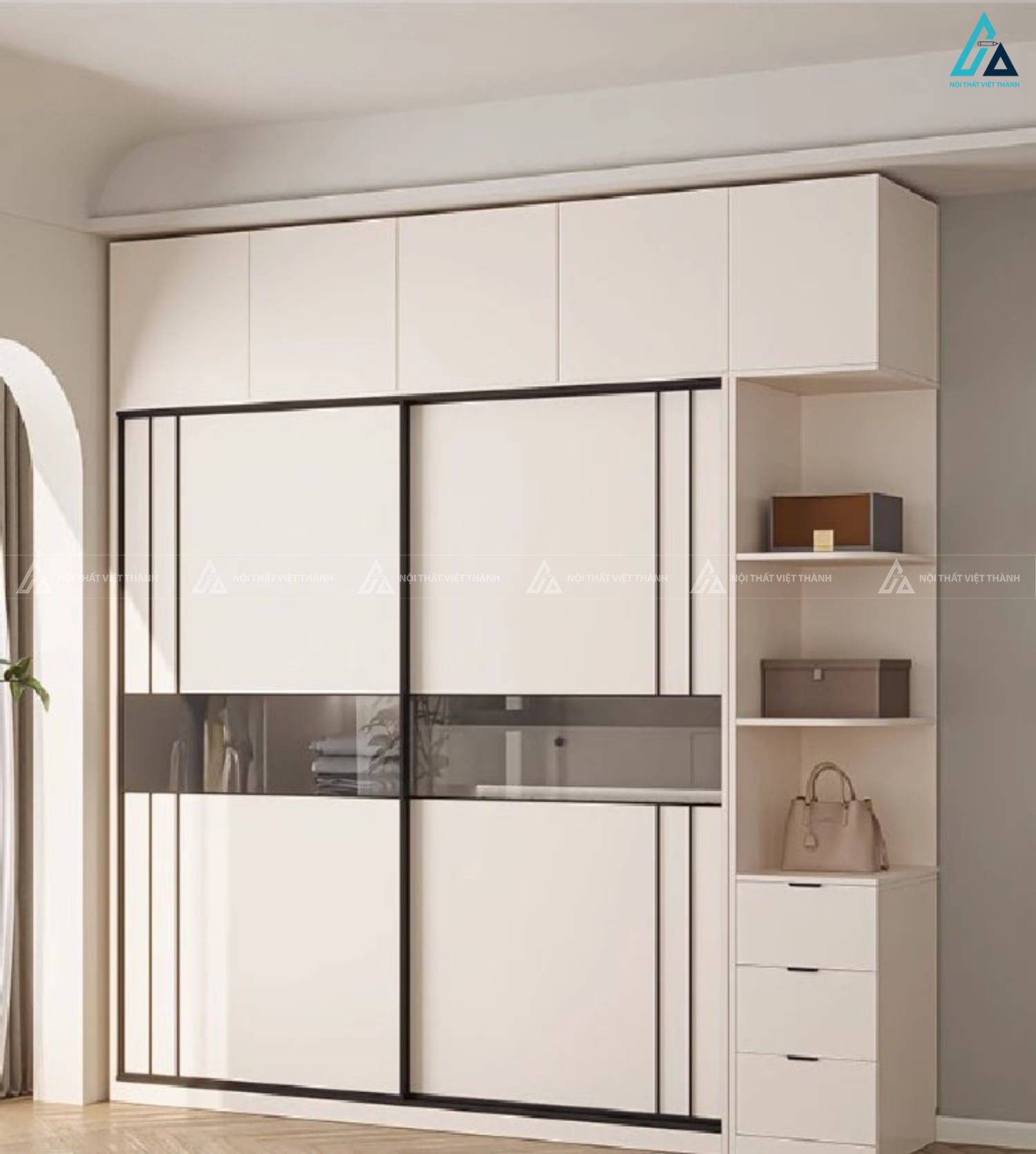 Tủ quần áo cửa lùa màu trắng thiết kế phẳng phối viền kim loại 2