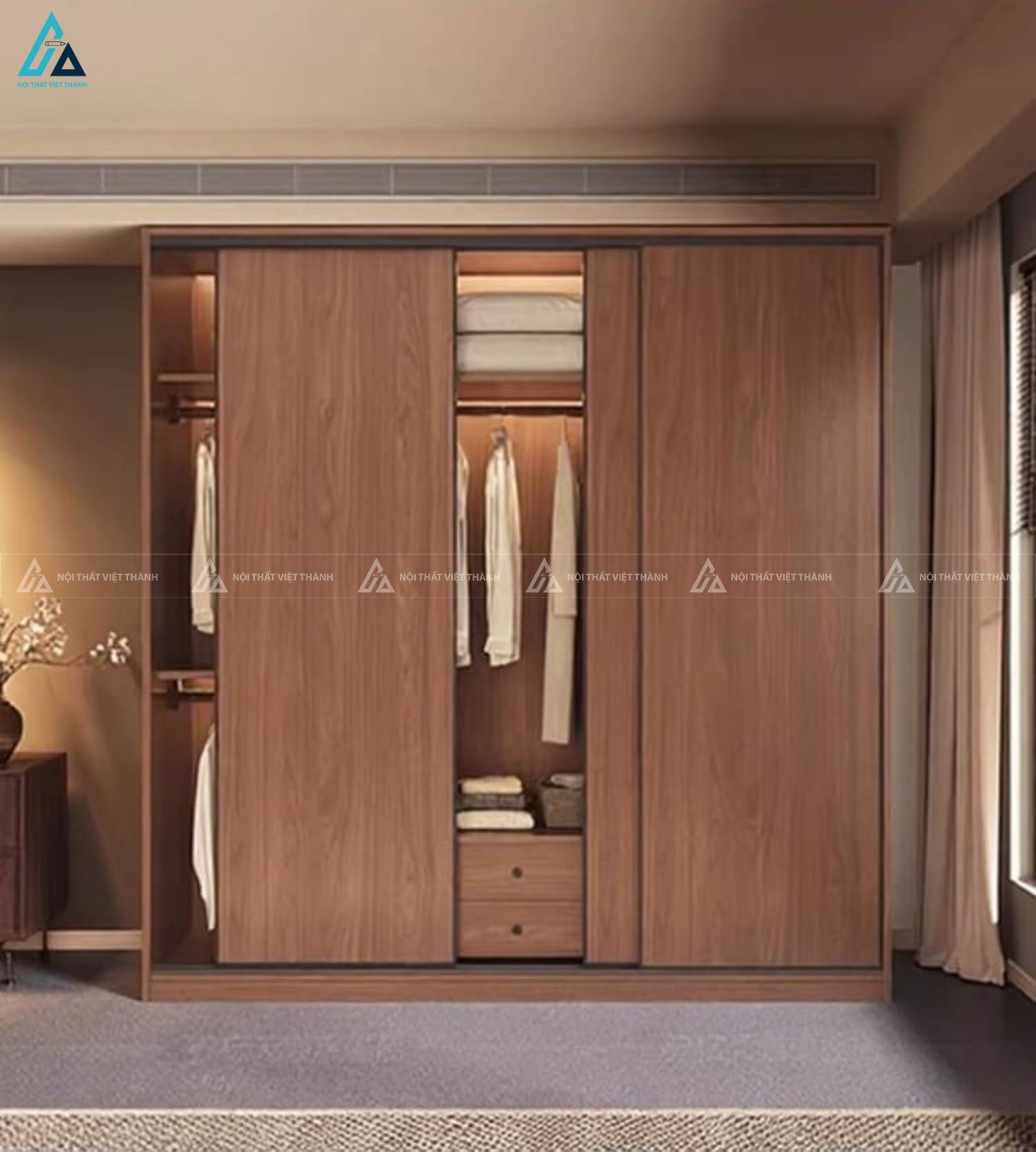 Tủ quần áo cửa lùa vân gỗ sang trọng kèm kệ trang trí mở 1