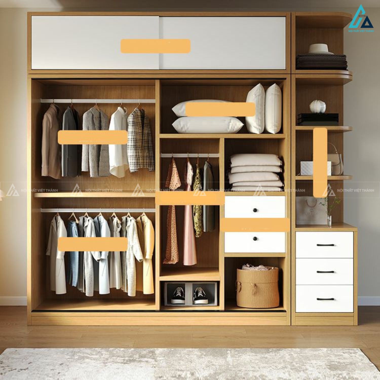 Mẫu tủ quần áo cửa lùa đa năng tích hợp kệ và ngăn kéo tiện lợi 1