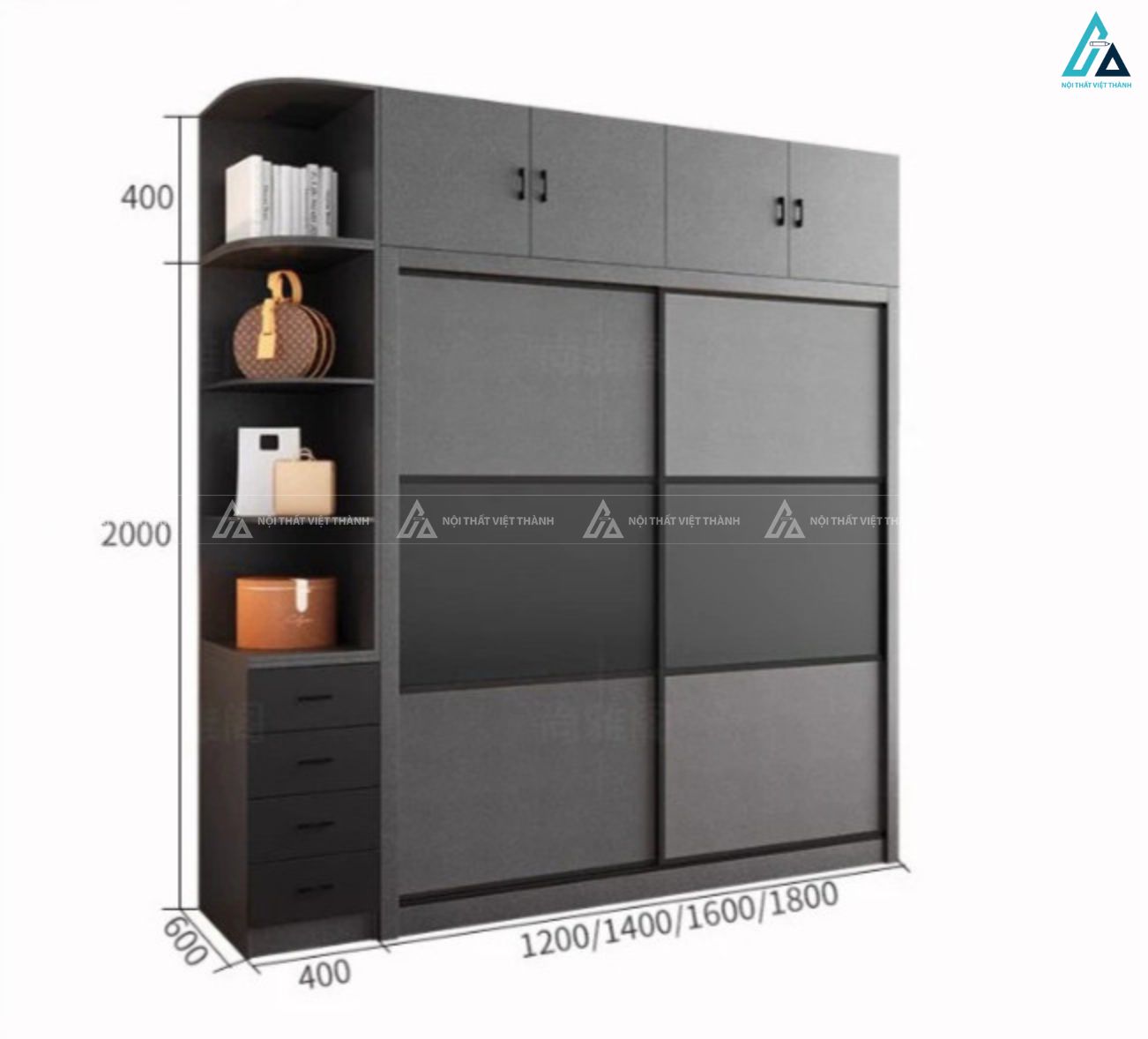 Tủ quần áo cửa lùa màu xám phối kệ trang trí đa năng tinh tế 4