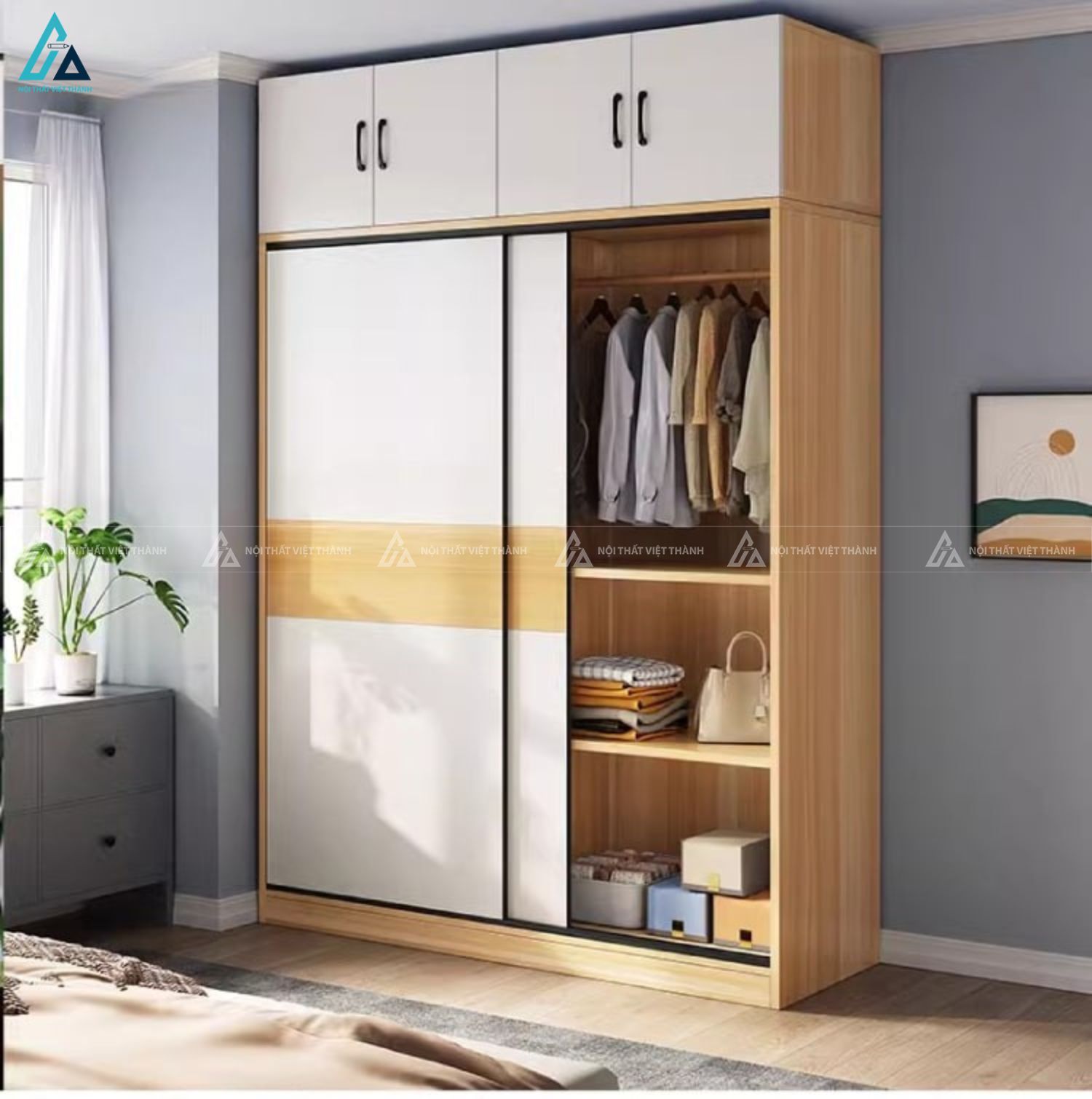 Tủ quần áo cửa lùa kịch trần phối màu trang nhã cho phòng ngủ