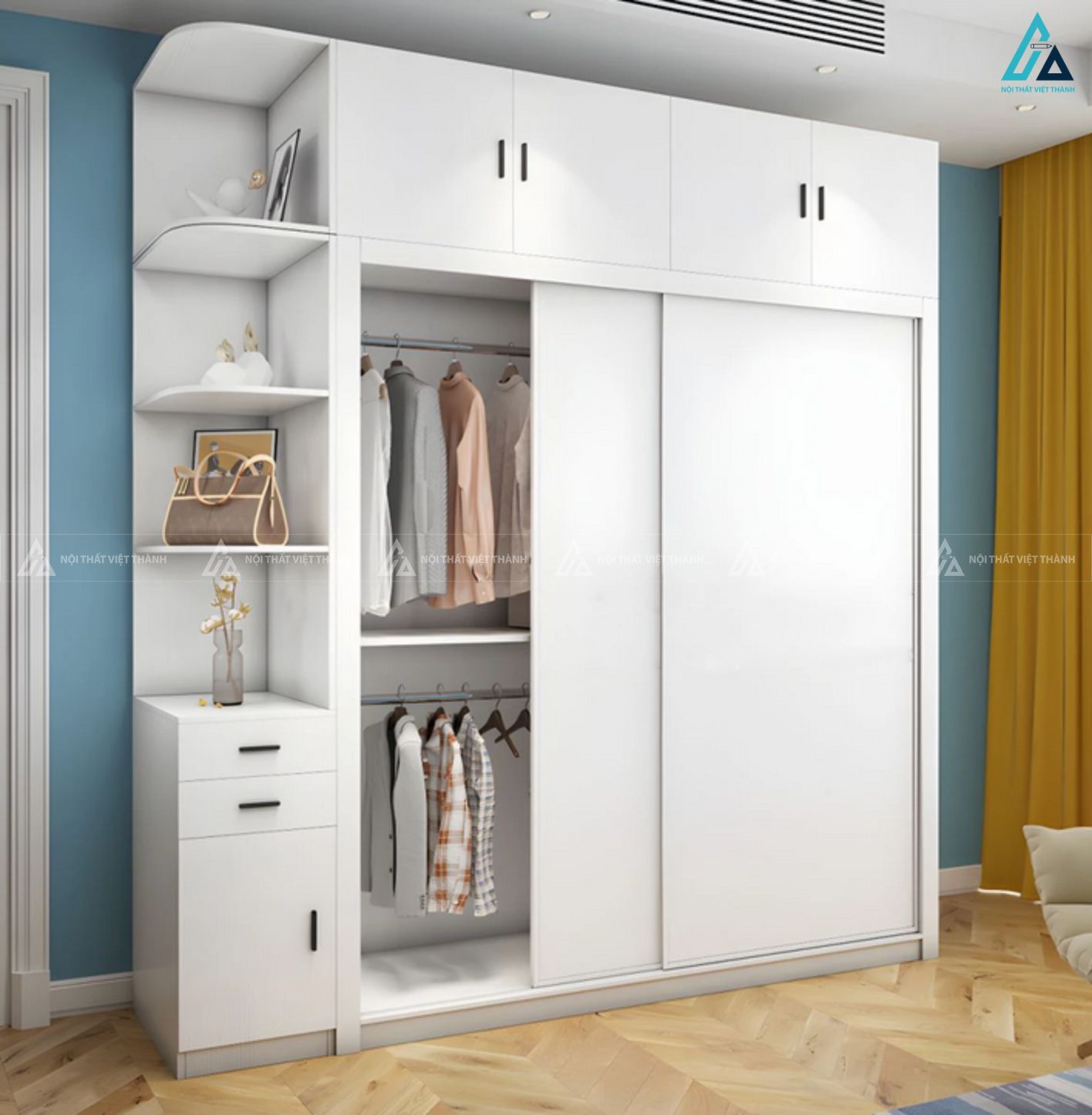 Tủ quần áo cửa lùa màu trắng cao cấp có kệ trưng bày tiện nghi