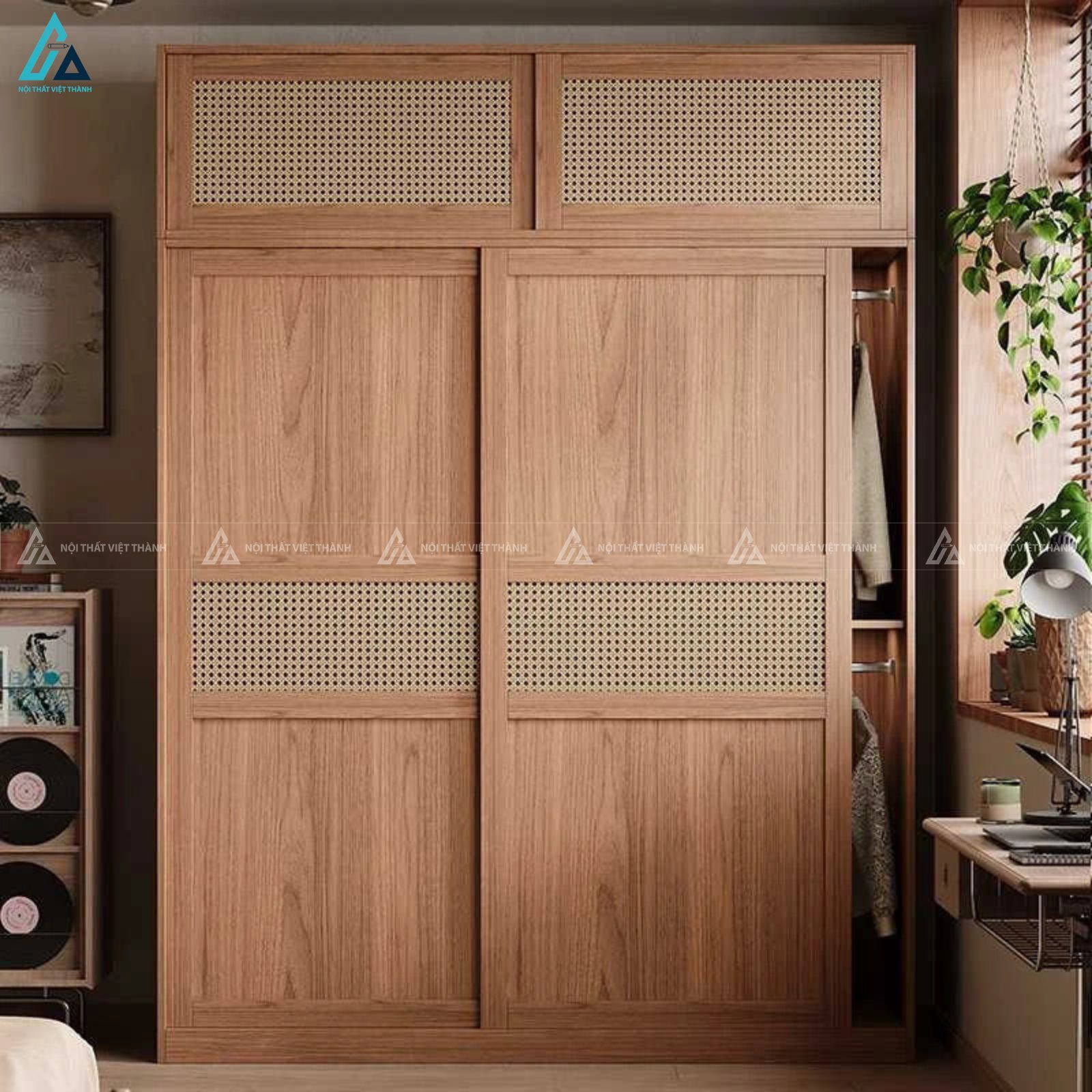 Hệ tủ quần áo gỗ công nghiệp cửa lùa phối mây tre đan bền đẹp 2