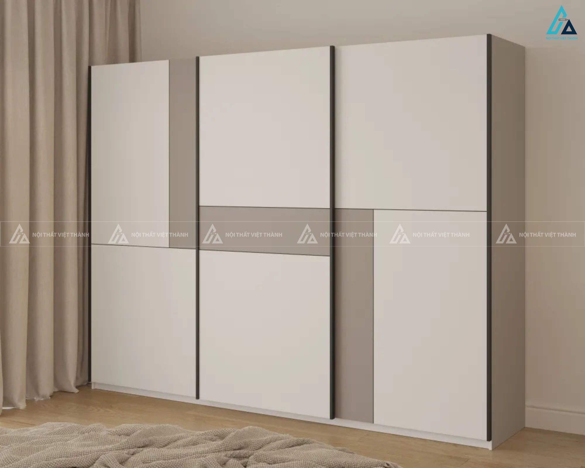 Tủ quần áo cửa lùa màu kem phối kệ trang trí tiện lợi sang trọng 3
