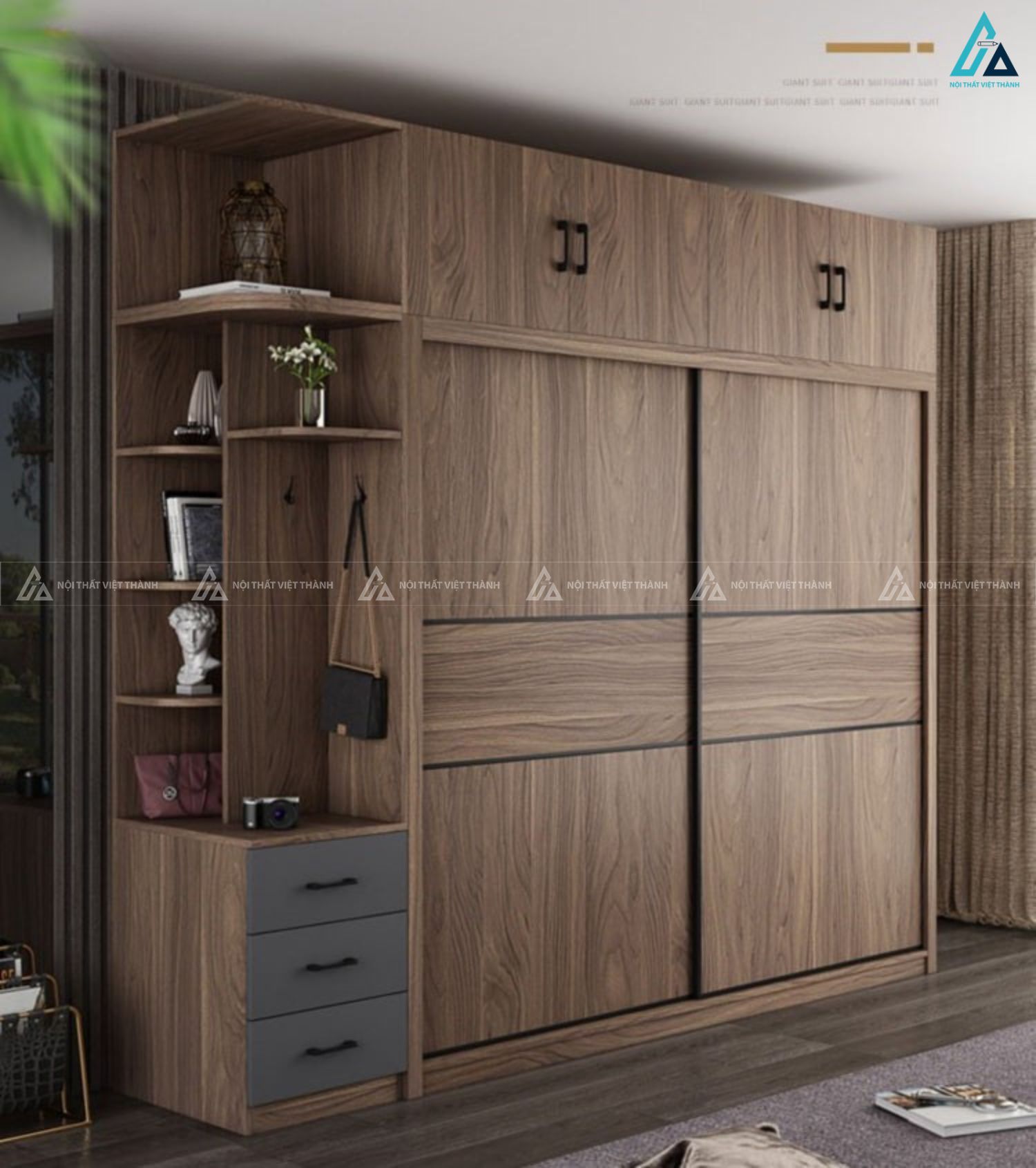 Tủ quần áo gỗ tự nhiên cửa lùa kịch trần kèm kệ và ngăn kéo đa năng