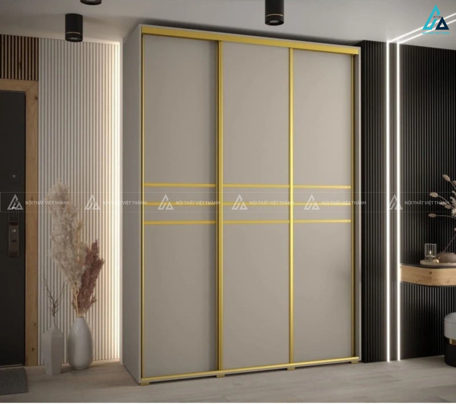 Tủ quần áo cửa lùa màu kem phối viền vàng sang trọng đẳng cấp