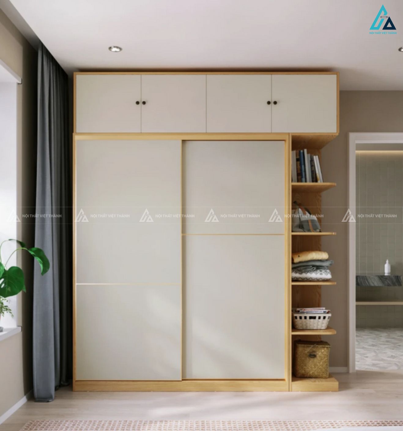 Mẫu tủ quần áo cửa lùa màu trắng kịch trần cao cấp phối kệ mở 1