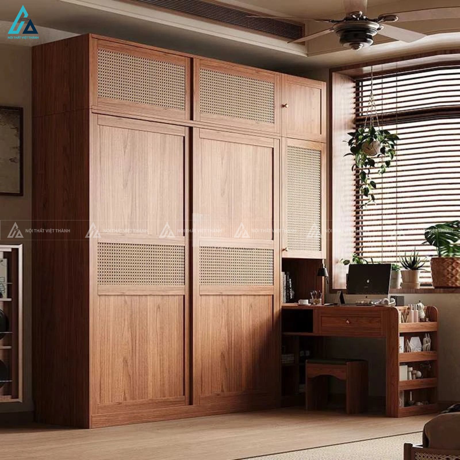 Hệ tủ quần áo gỗ công nghiệp cửa lùa phối mây tre đan bền đẹp 1