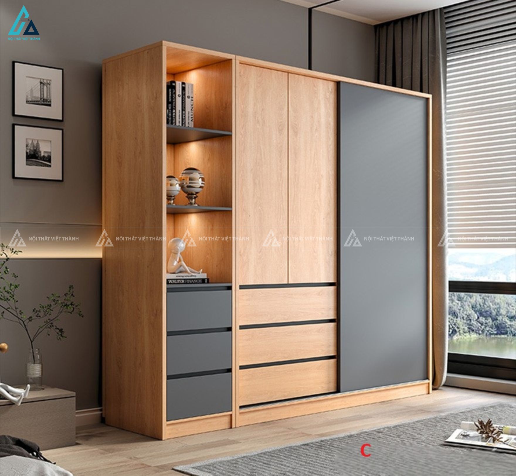 Hệ tủ quần áo cửa lùa đa năng tích hợp gương và kệ trưng bày 2