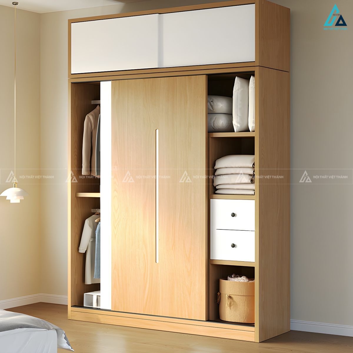 Mẫu tủ quần áo cửa lùa đa năng tích hợp kệ và ngăn kéo tiện lợi 3