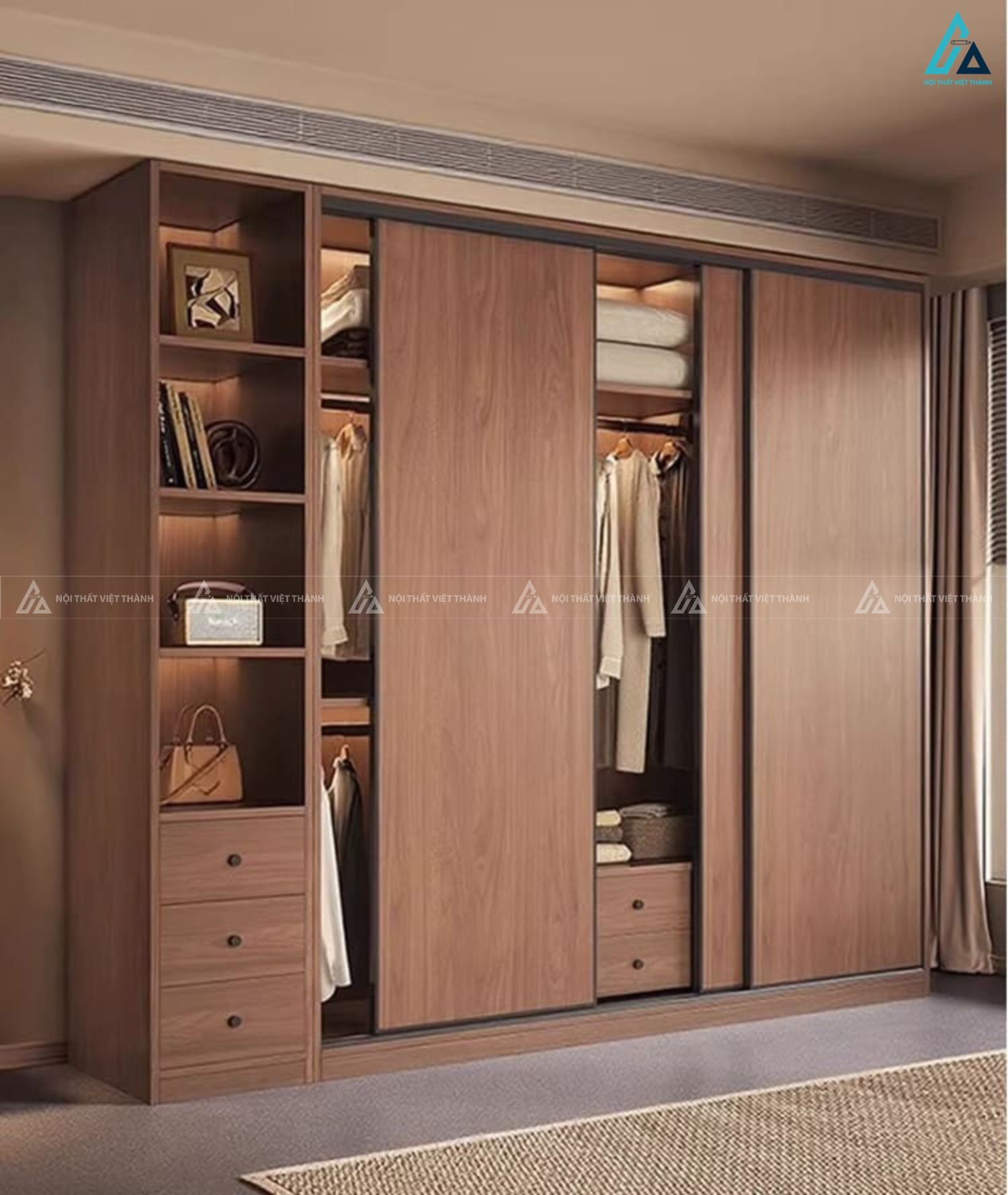 Tủ quần áo cửa lùa vân gỗ sang trọng kèm kệ trang trí mở