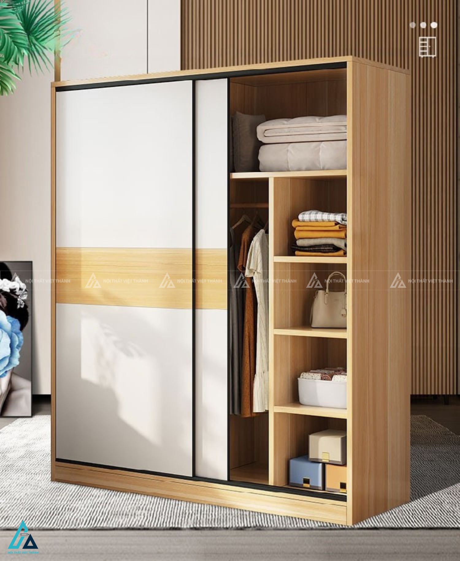 Tủ quần áo cửa lùa kịch trần phối màu trang nhã cho phòng ngủ 2