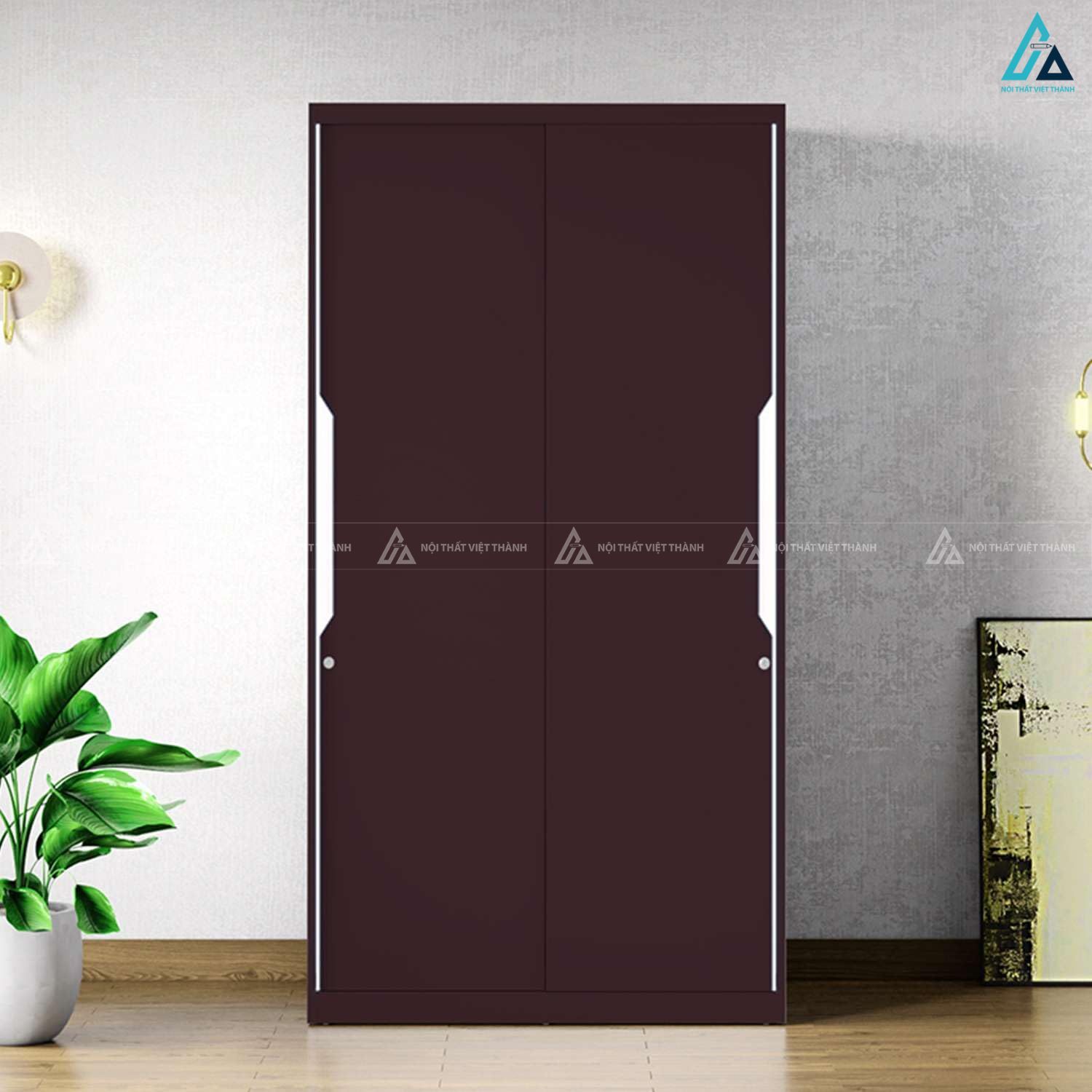 Mẫu tủ quần áo cửa lùa hai cánh màu nâu cà phê thiết kế tối giản