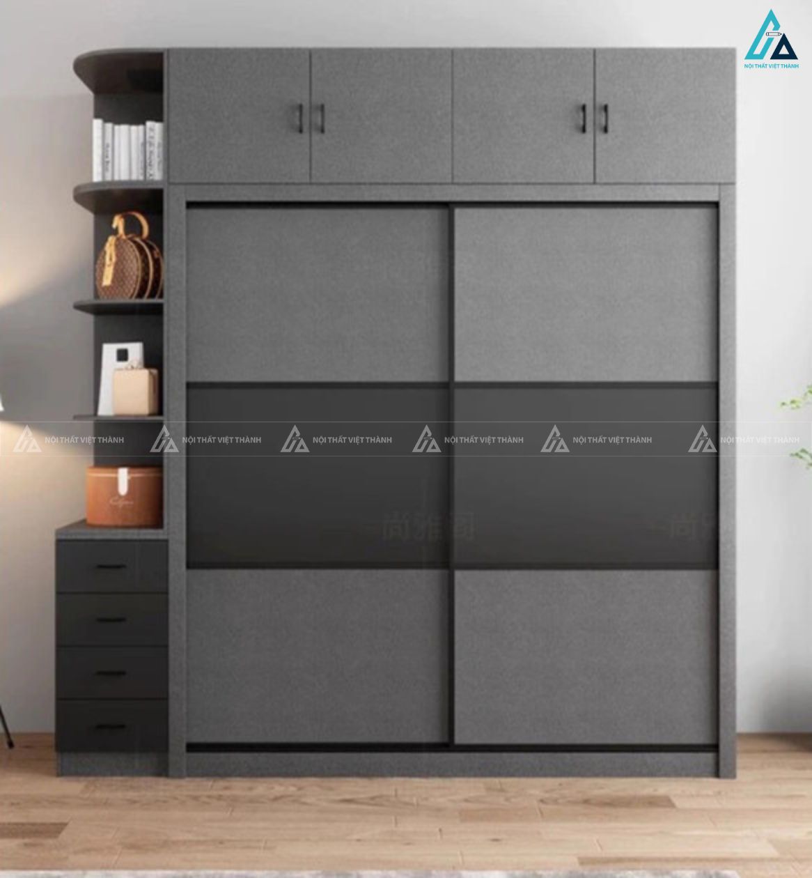 Tủ quần áo cửa lùa màu xám phối kệ trang trí đa năng tinh tế 1