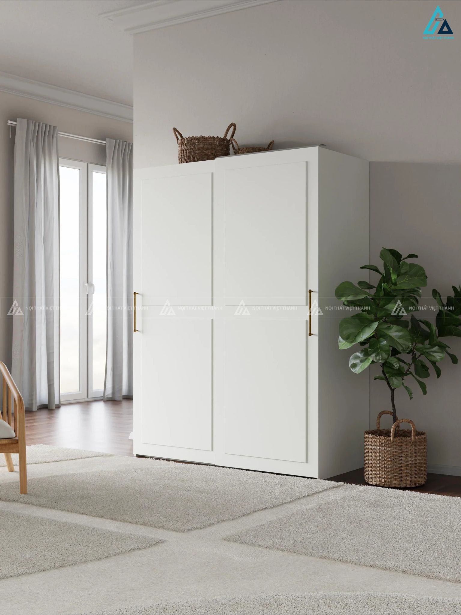 Tủ quần áo cửa lùa màu trắng thiết kế tối giản thanh lịch